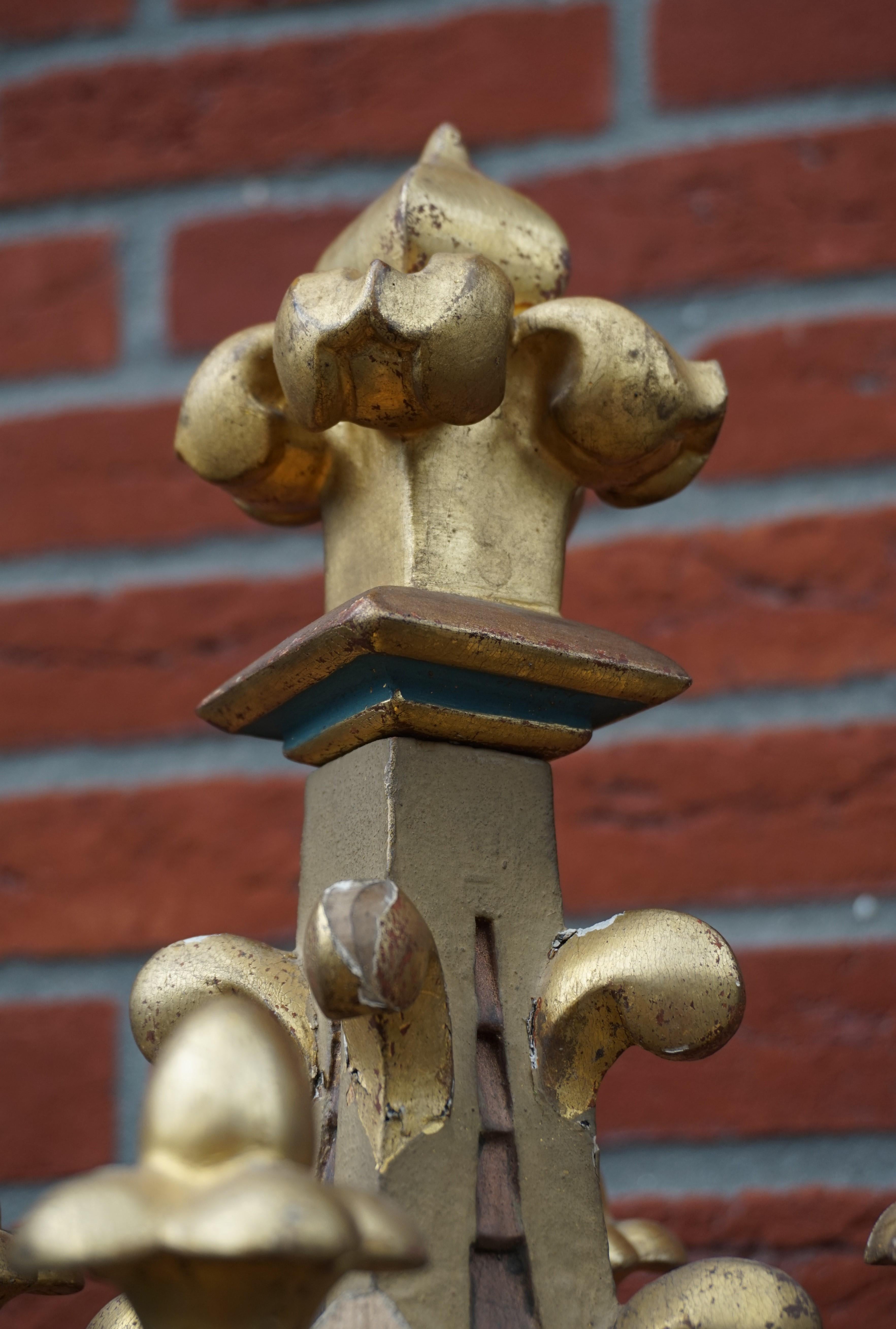 Antique Hand Carved and Hand Painted Wooden Gothic Tower Model with Gilt Finials In Good Condition In Lisse, NL