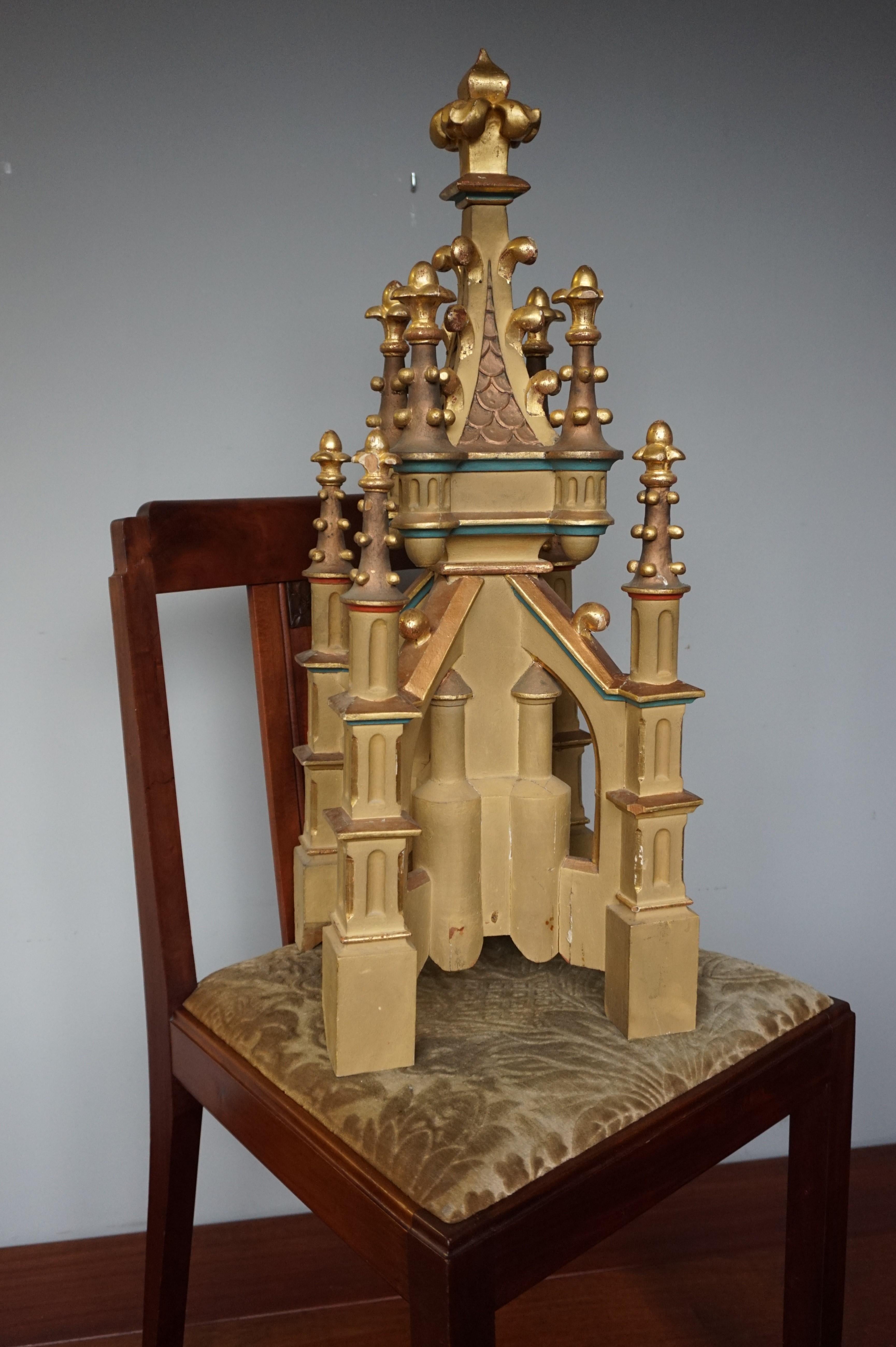 20th Century Antique Hand Carved and Hand Painted Wooden Gothic Tower Model with Gilt Finials