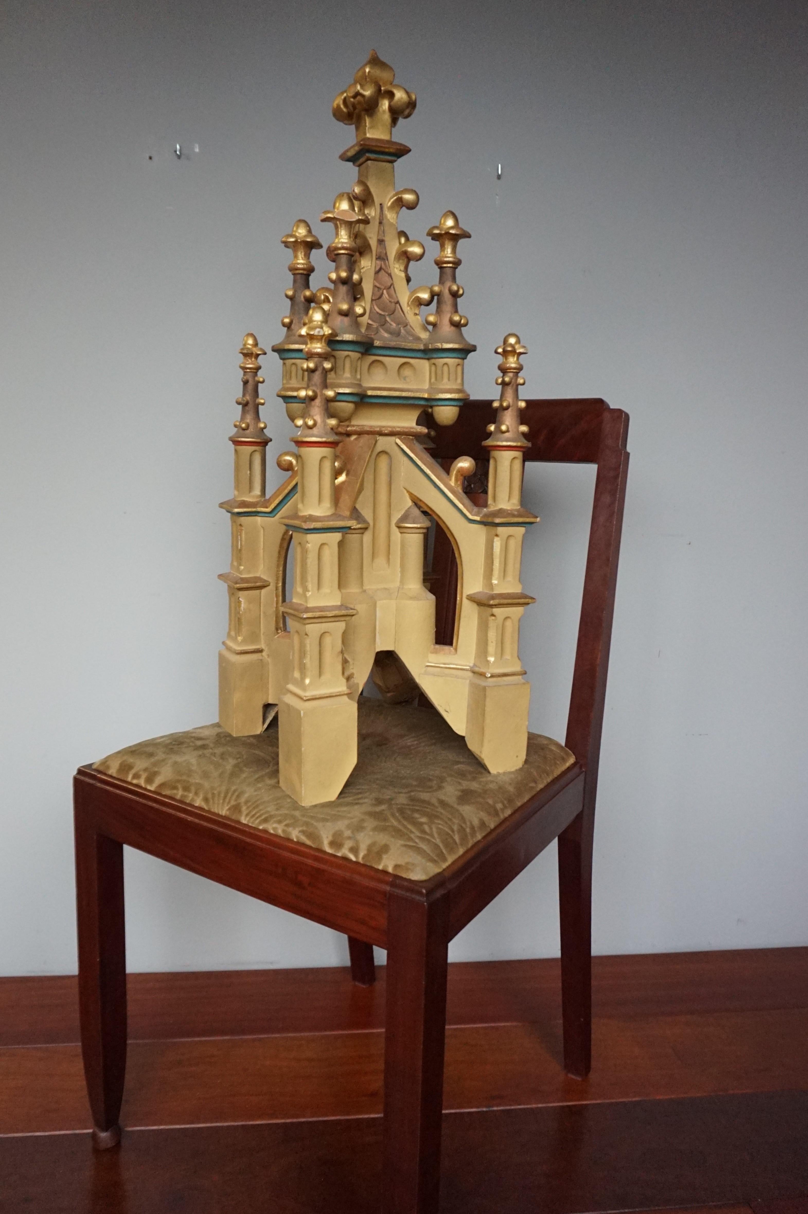 Antique Hand Carved and Hand Painted Wooden Gothic Tower Model with Gilt Finials 1