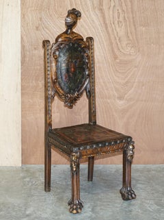 Antique Hand Carved High Back Chair Embossed Painted Armorial Crest Coat of Arms