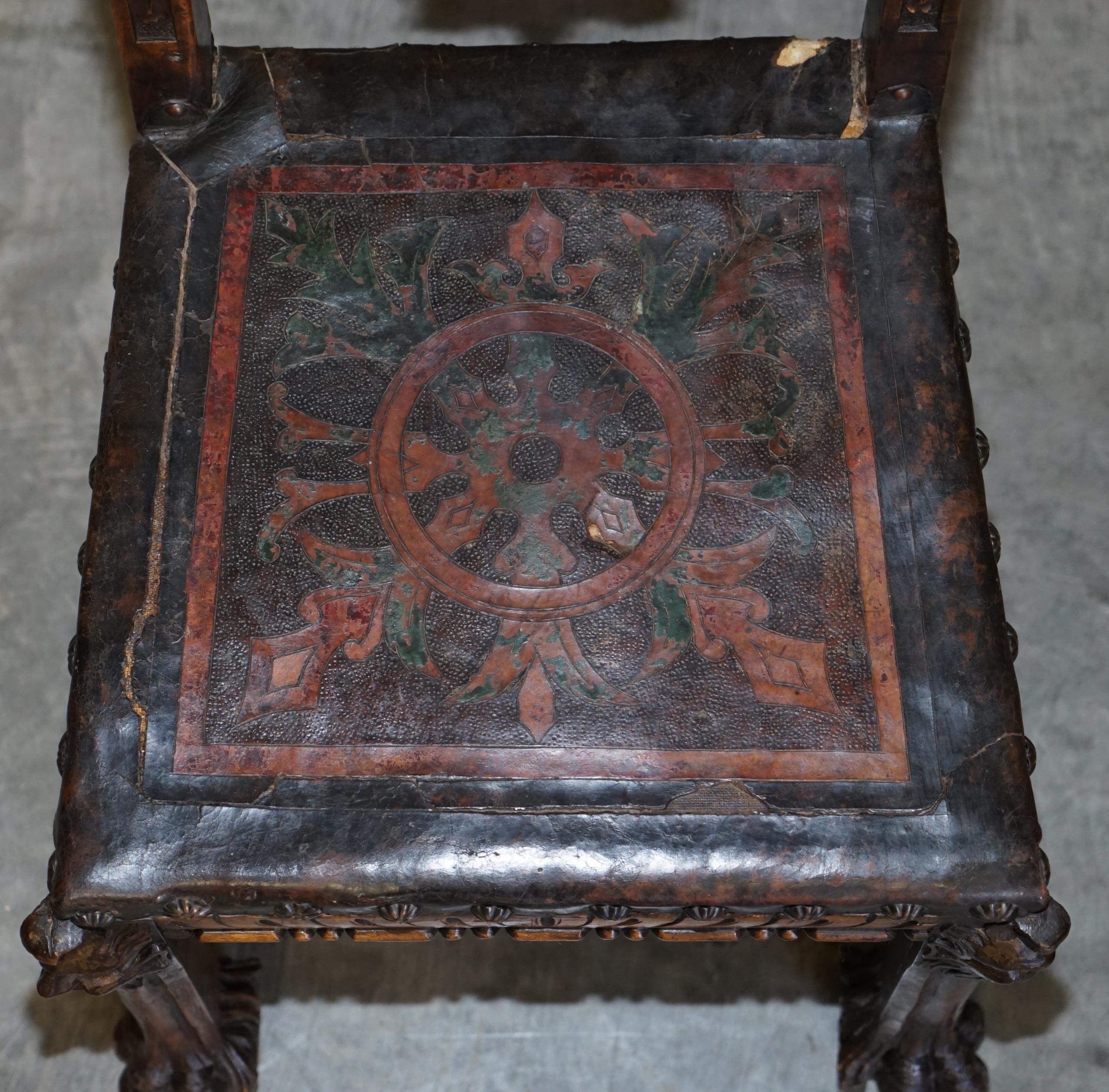 Antique Hand Carved High Back Chair Embossed Painted Armorial Crest Coat of Arms For Sale 2