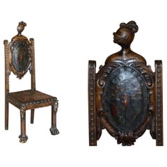Antique Hand Carved High Back Chair Embossed Painted Armorial Crest Coat of Arms