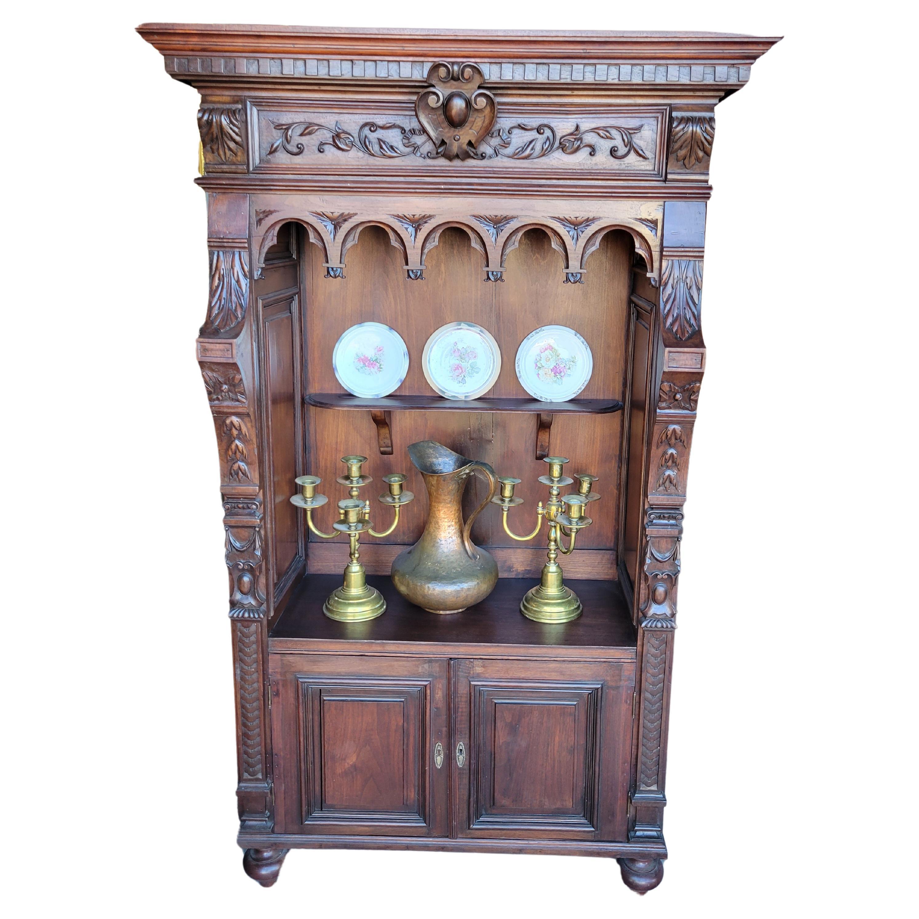Antique Hand-Carved Hutch, Cupboard, Plate Display For Sale