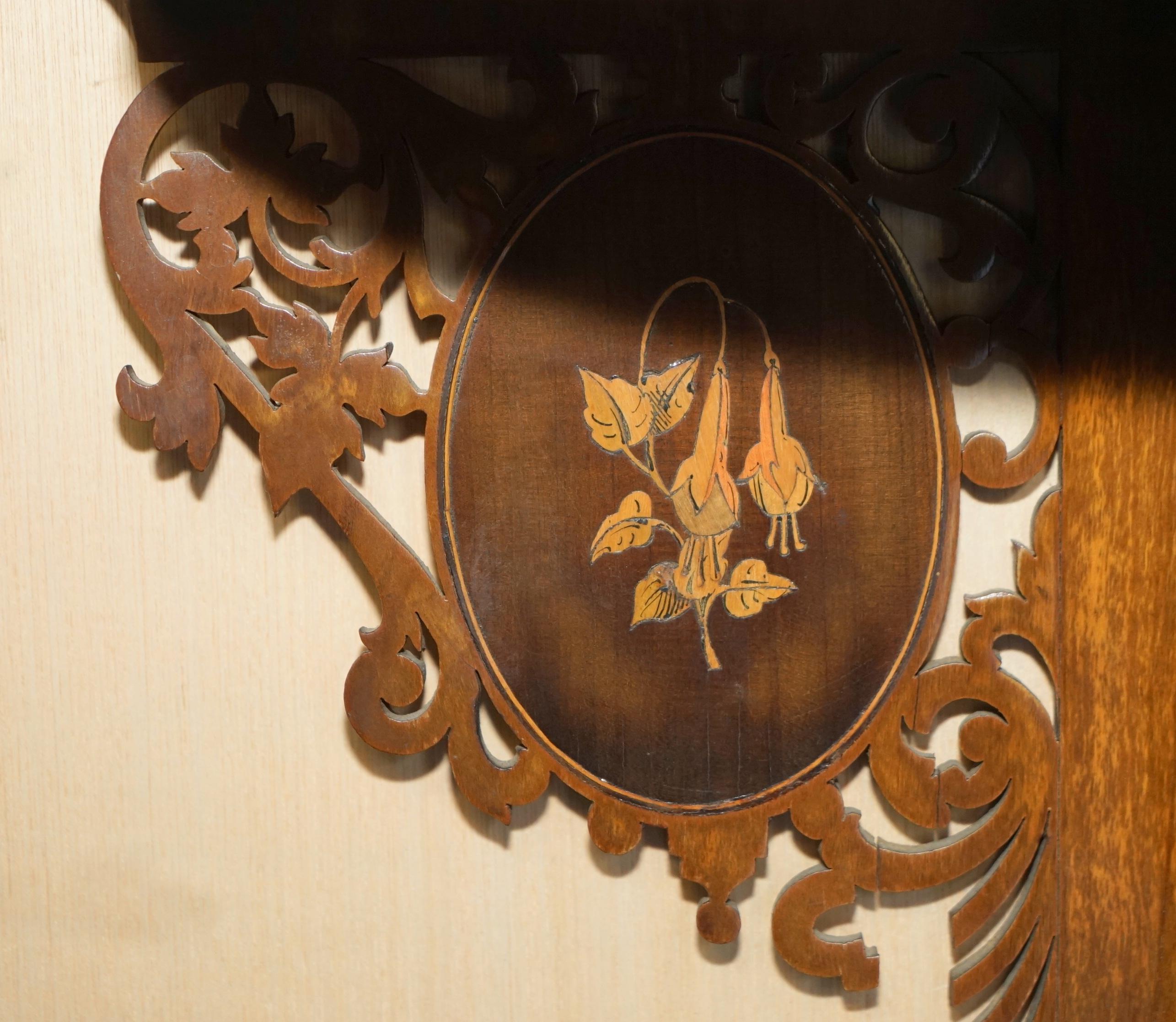 Antique Hand Carved Inlaid Hardwood and Walnut Hanging Corner Shelf for Trinkets For Sale 2