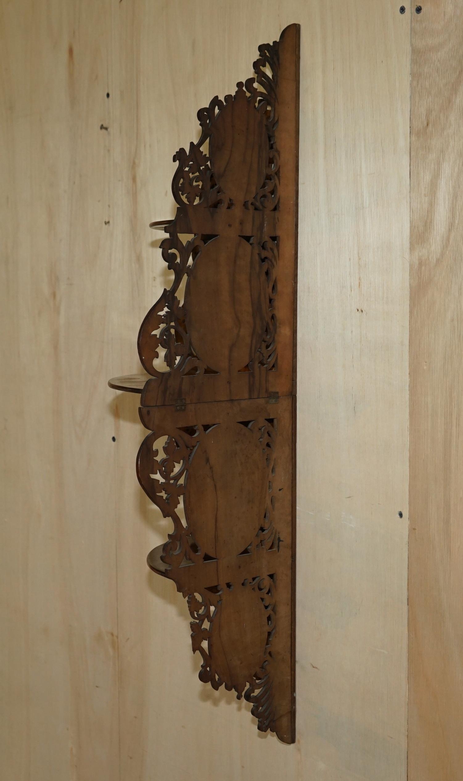 Antique Hand Carved Inlaid Hardwood and Walnut Hanging Corner Shelf for Trinkets For Sale 8