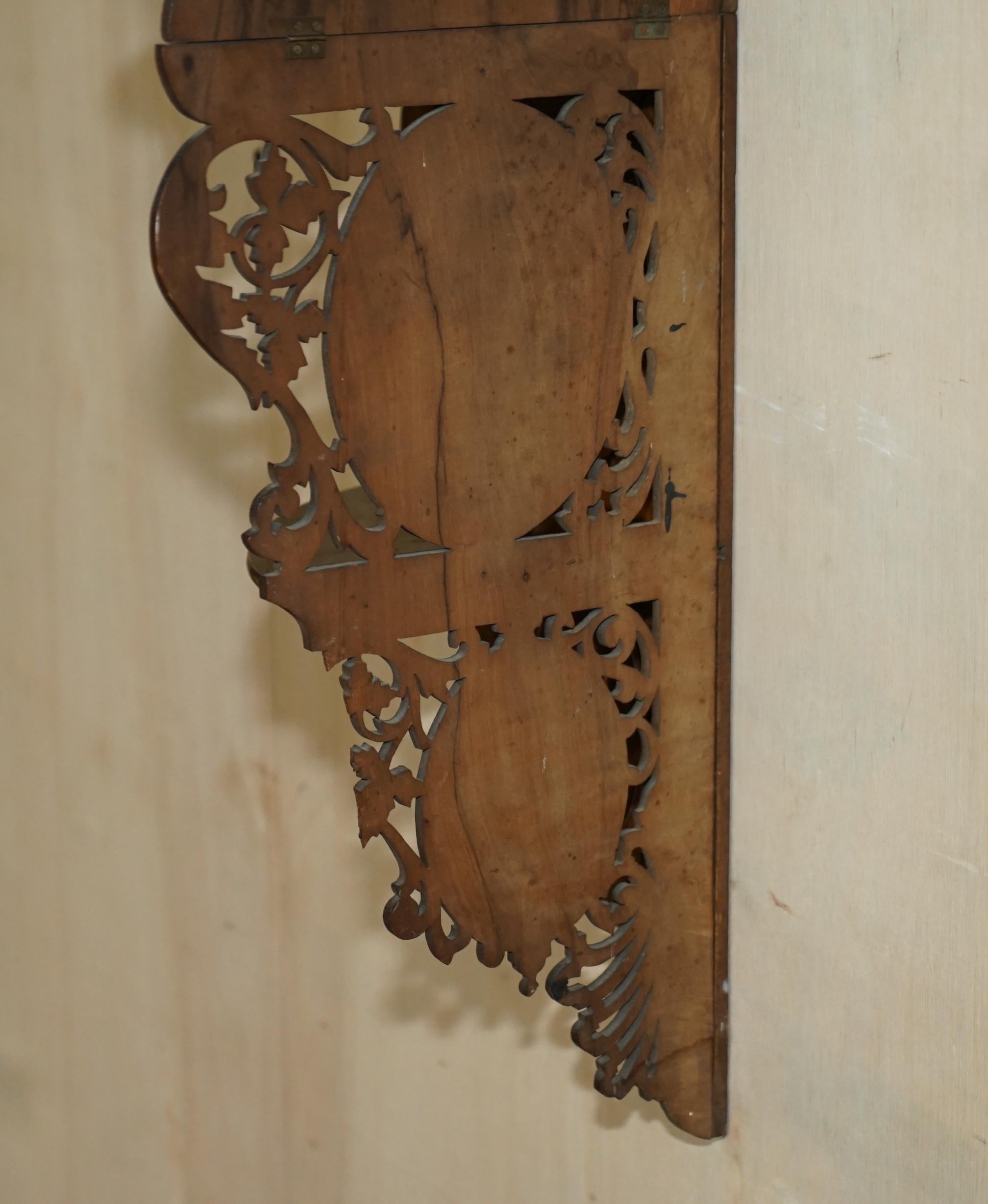 Antique Hand Carved Inlaid Hardwood and Walnut Hanging Corner Shelf for Trinkets For Sale 9