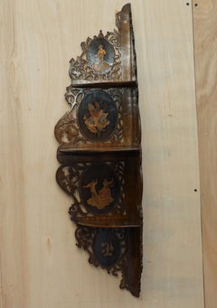 Antique Hand Carved Inlaid Hardwood and Walnut Hanging Corner Shelf for Trinkets