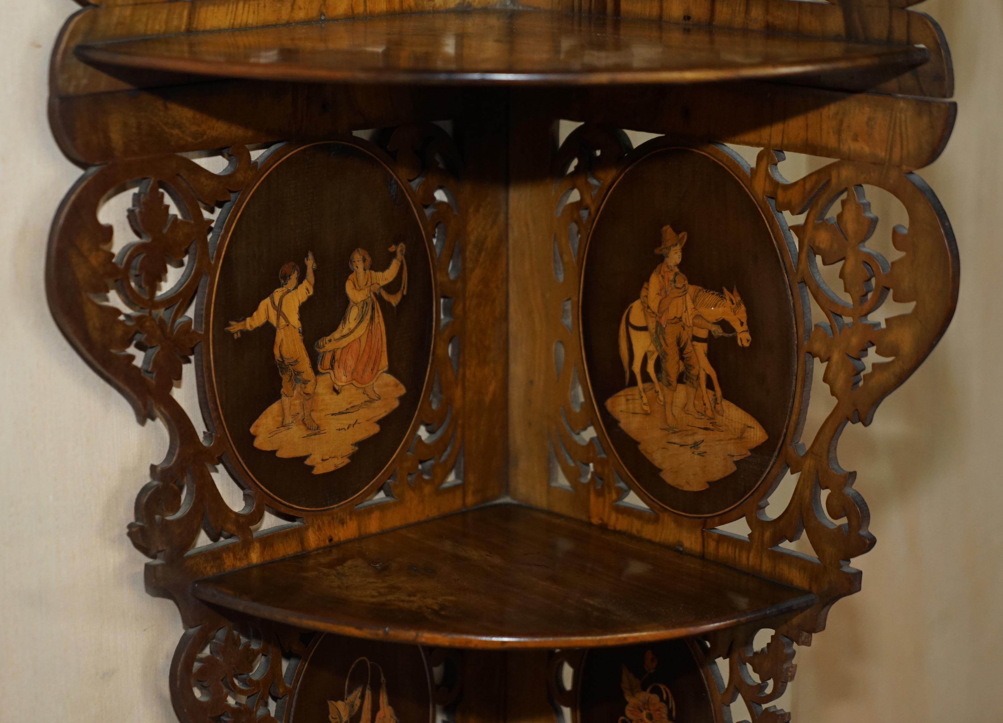 High Victorian Antique Hand Carved Inlaid Hardwood and Walnut Hanging Corner Shelf for Trinkets For Sale