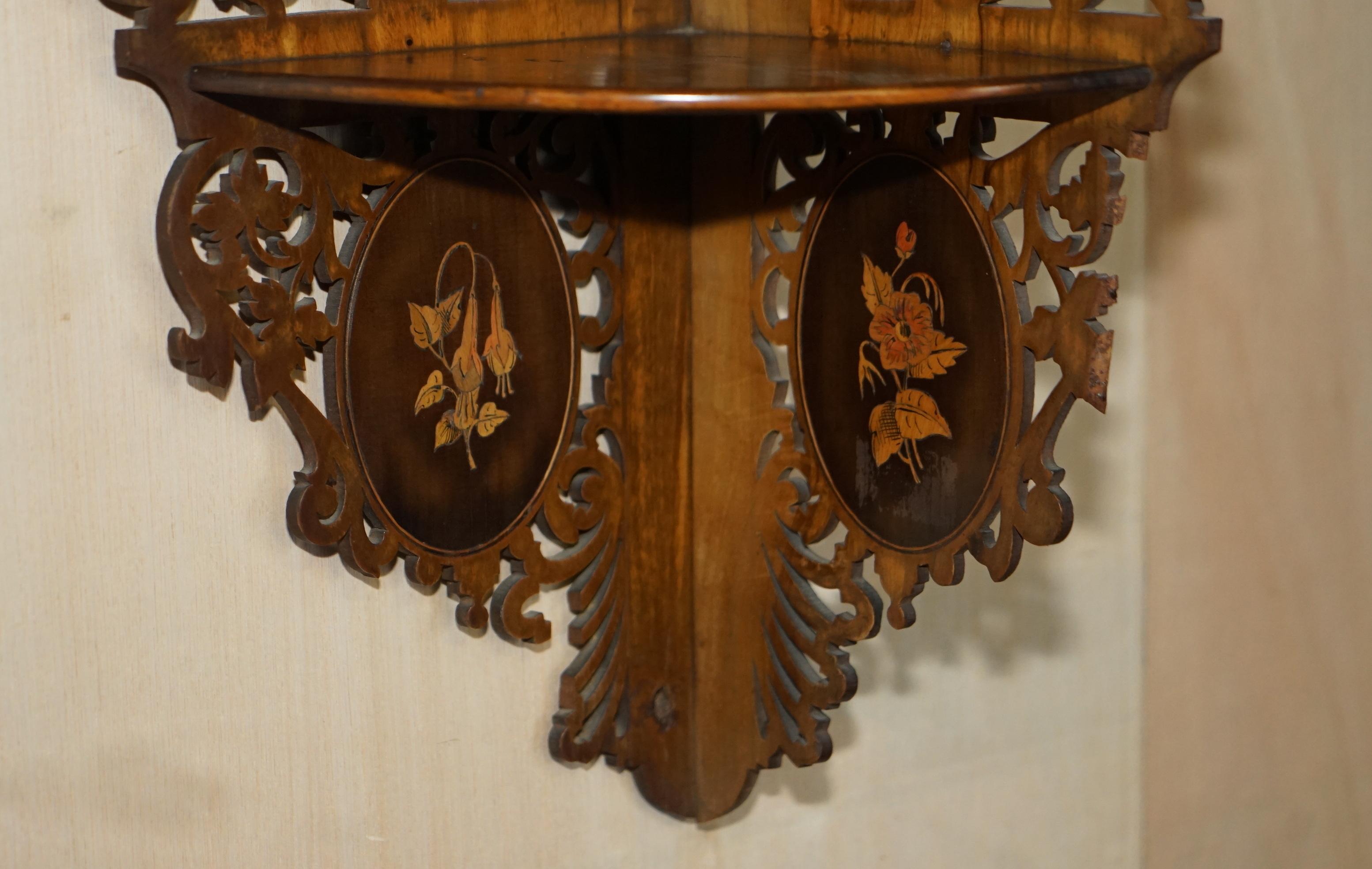 Italian Antique Hand Carved Inlaid Hardwood and Walnut Hanging Corner Shelf for Trinkets For Sale