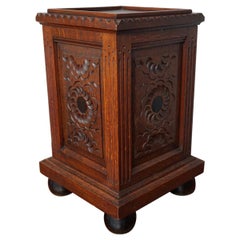 Antique Hand Carved & Inlaid Renaissance Revival Solid Oak Floor Pedestal Stand