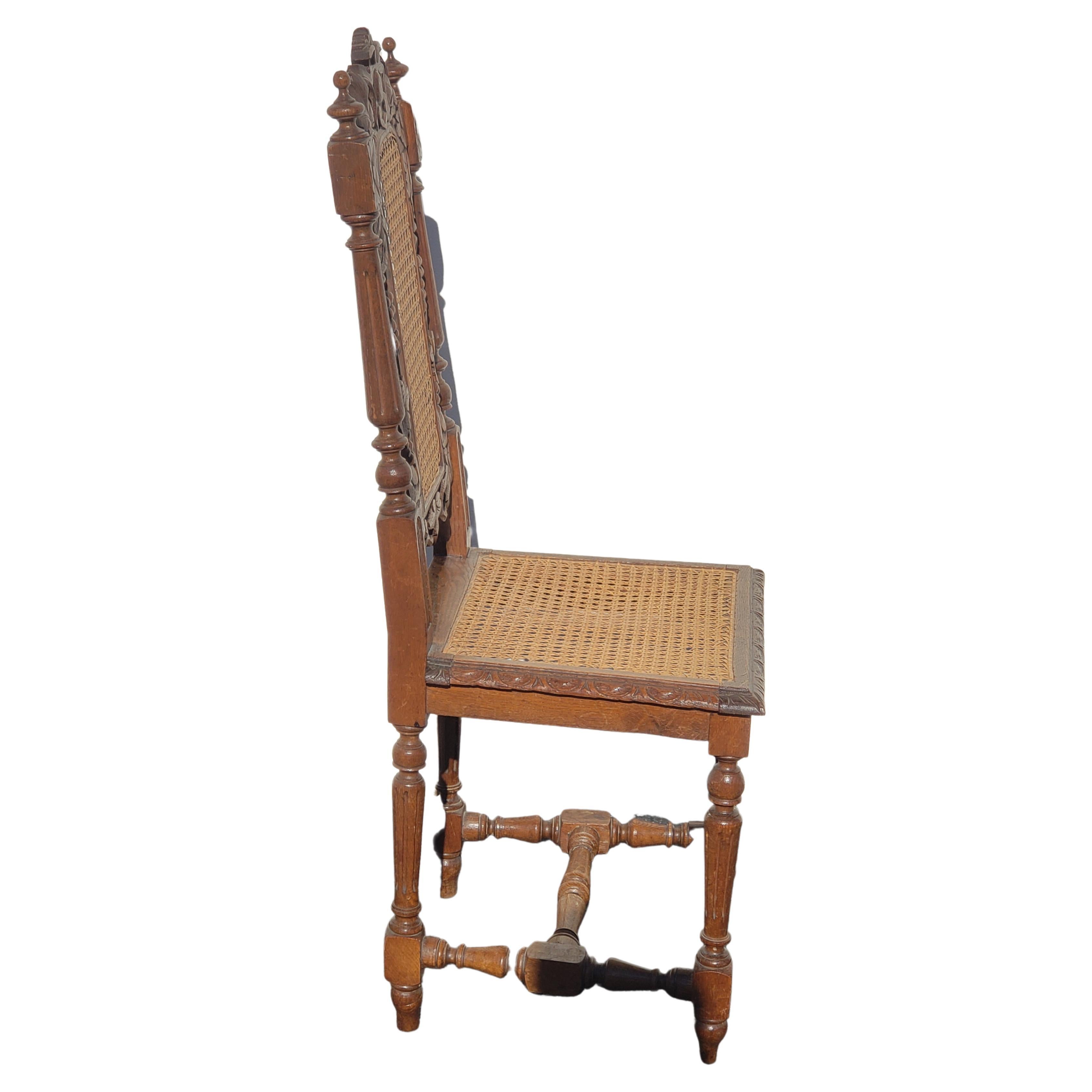 Antique Hand Carved Jacobean Oak and Cane Dining Chairs, Circa 1910s, a Set For Sale 2