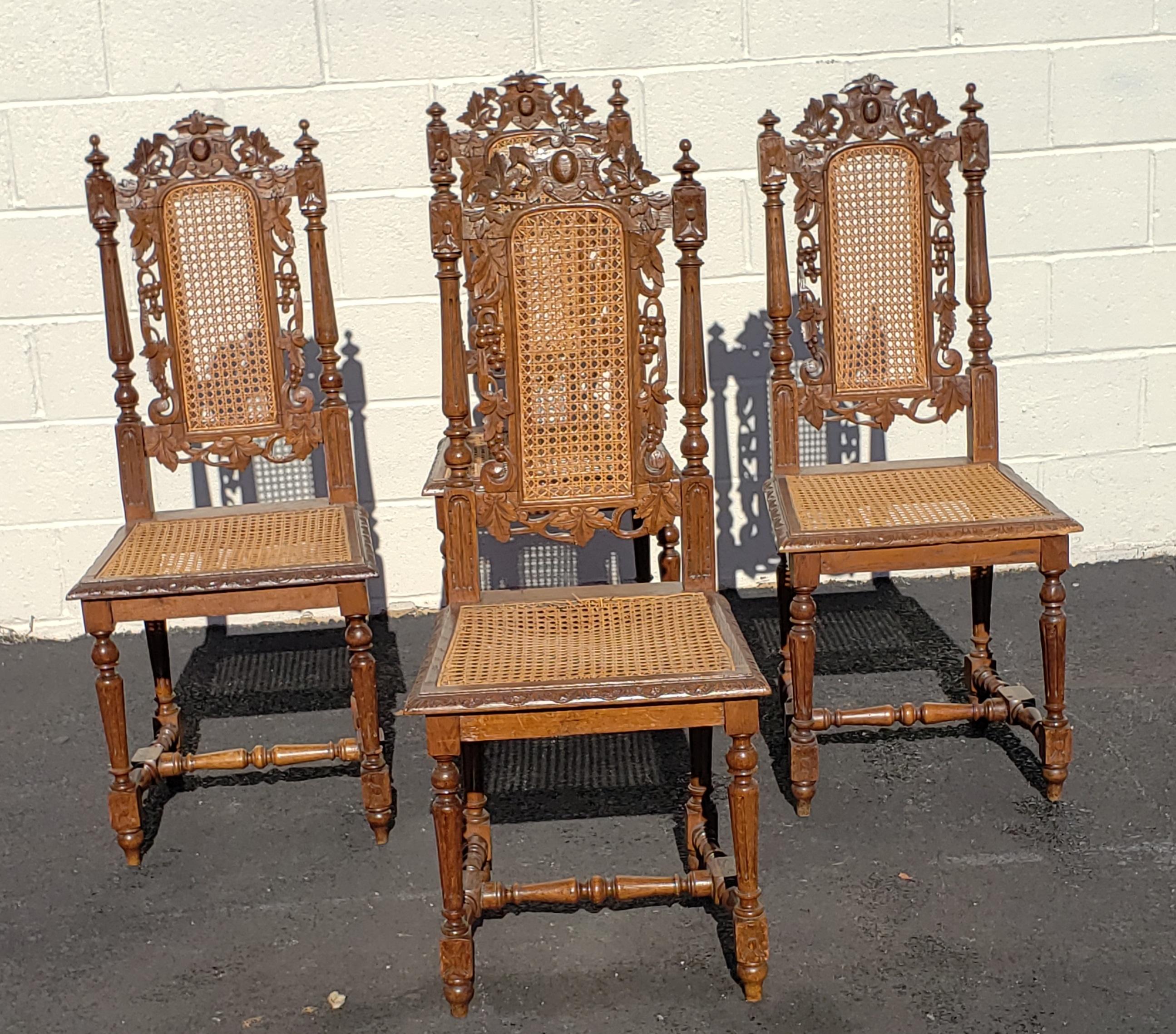 Antique Hand Carved Jacobean Oak and Cane Dining Chairs, Circa 1910s, a Set For Sale 3