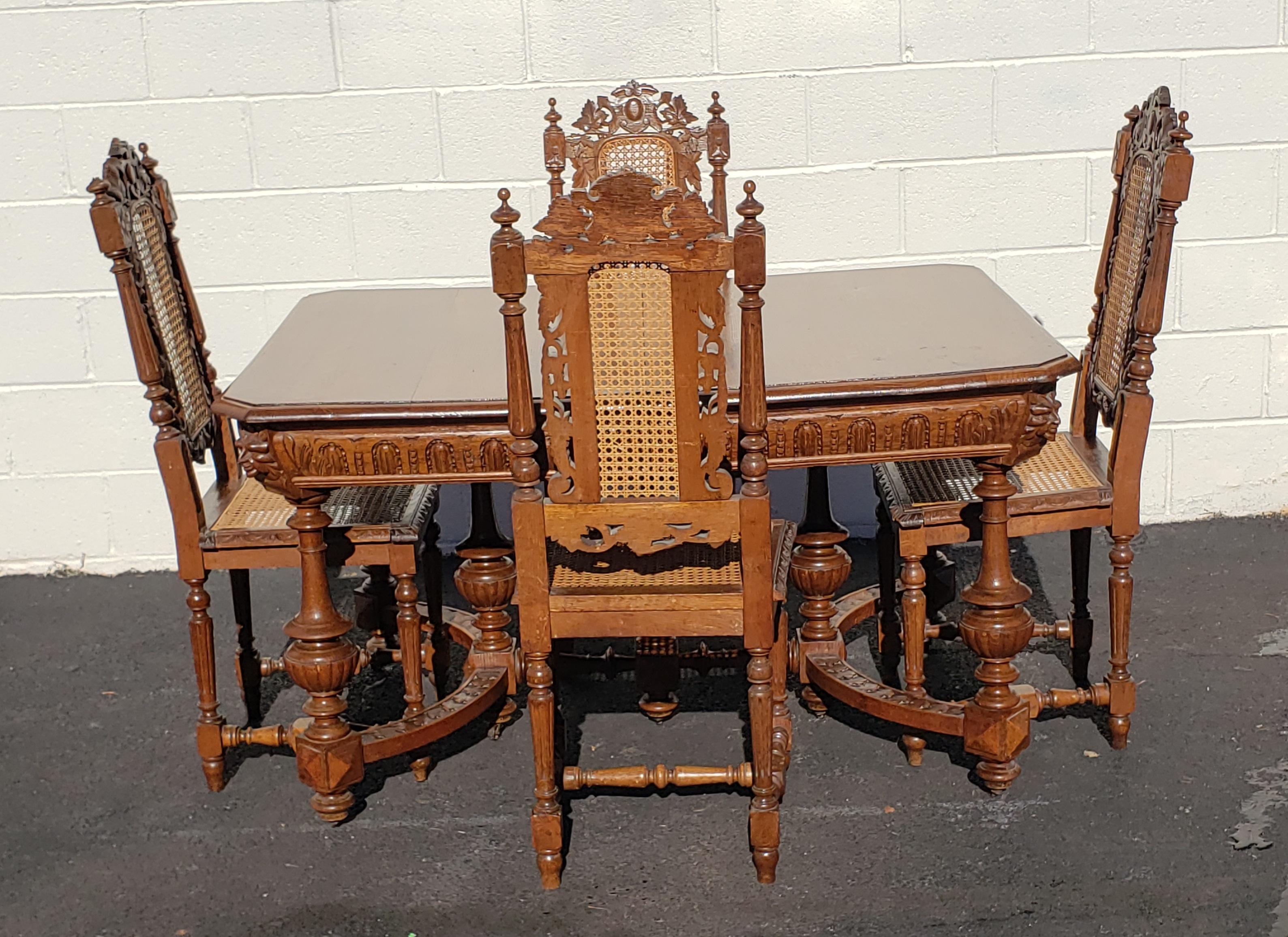 Antique Hand Carved Jacobean Oak and Cane Dining Chairs, Circa 1910s, a Set For Sale 5