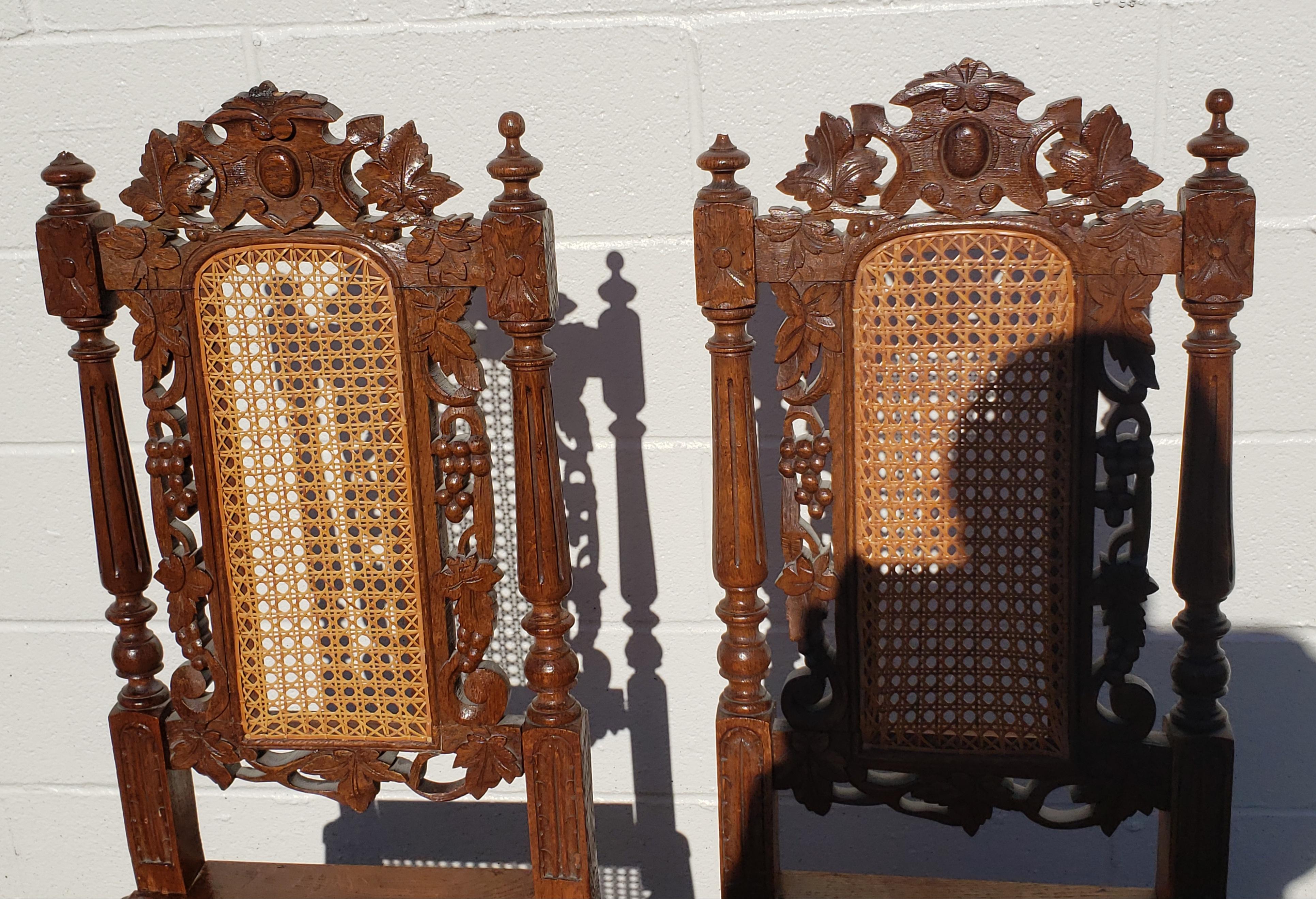 Antique Hand Carved Jacobean Oak and Cane Dining Chairs, Circa 1910s, a Set For Sale 6