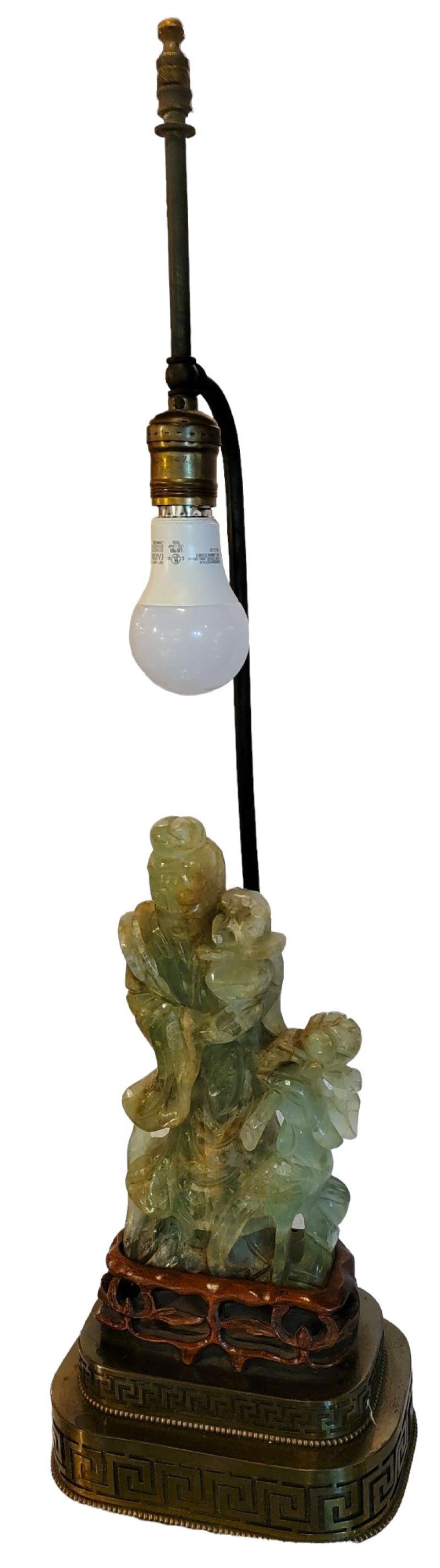Art Deco Antique Hand Carved Jade Table Lamp