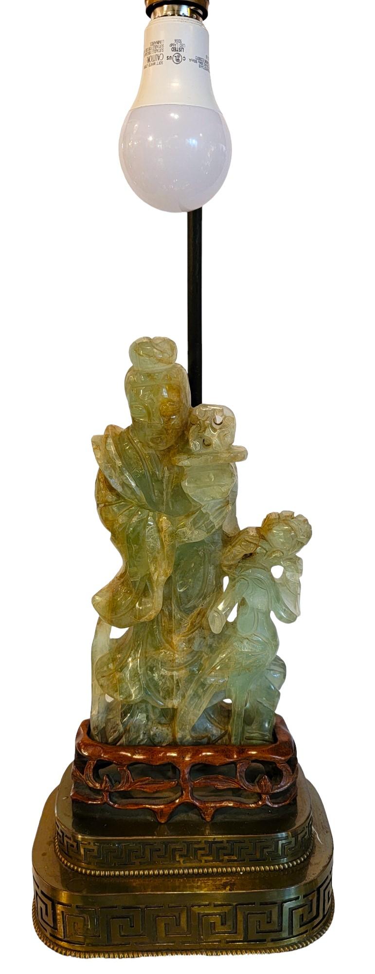 American Antique Hand Carved Jade Table Lamp