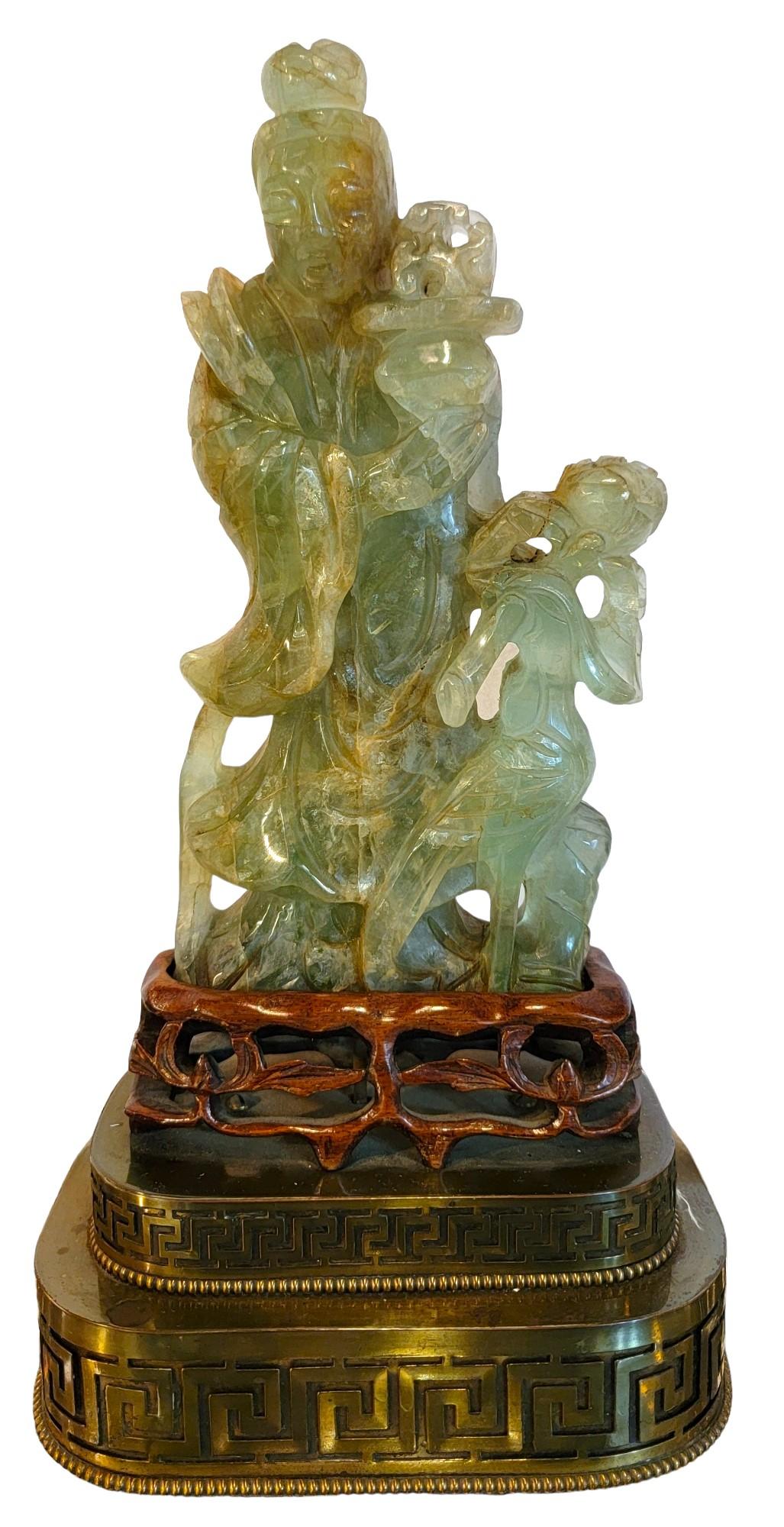 Brass Antique Hand Carved Jade Table Lamp