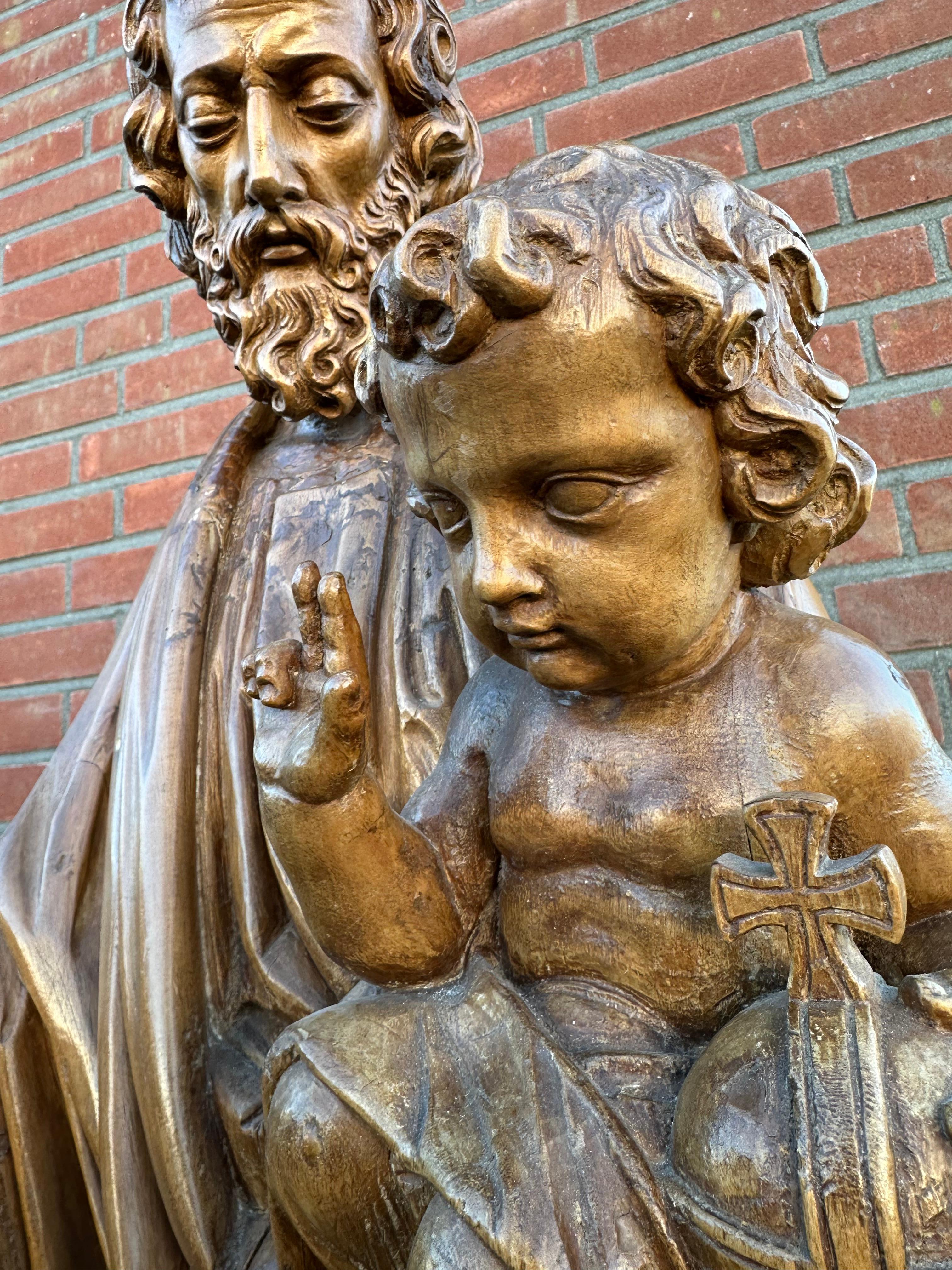Antique Hand Carved Large Size Statue of Saint Joseph and Child Jesus Sculpture For Sale 3