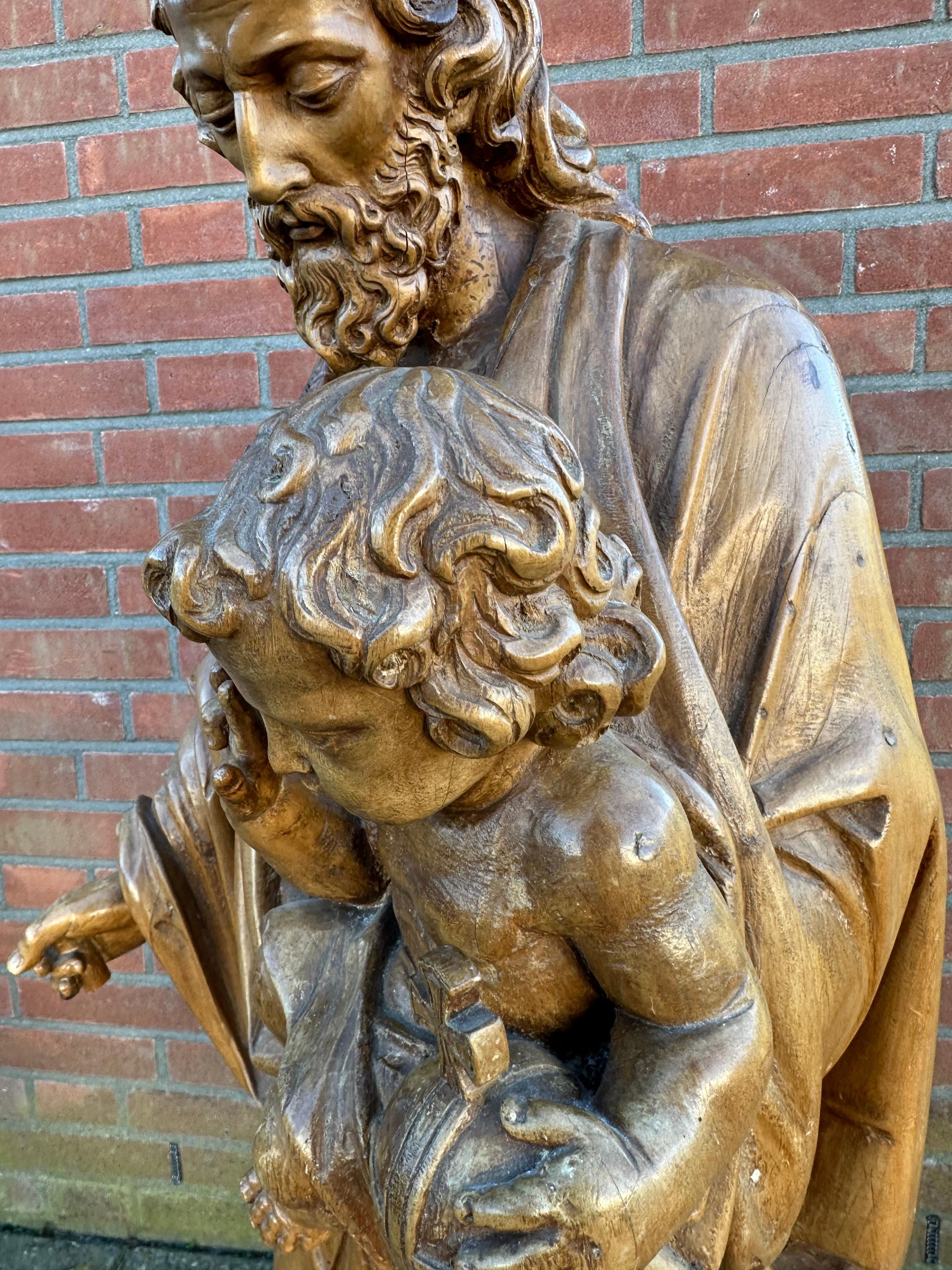 Antique Hand Carved Large Size Statue of Saint Joseph and Child Jesus Sculpture For Sale 7