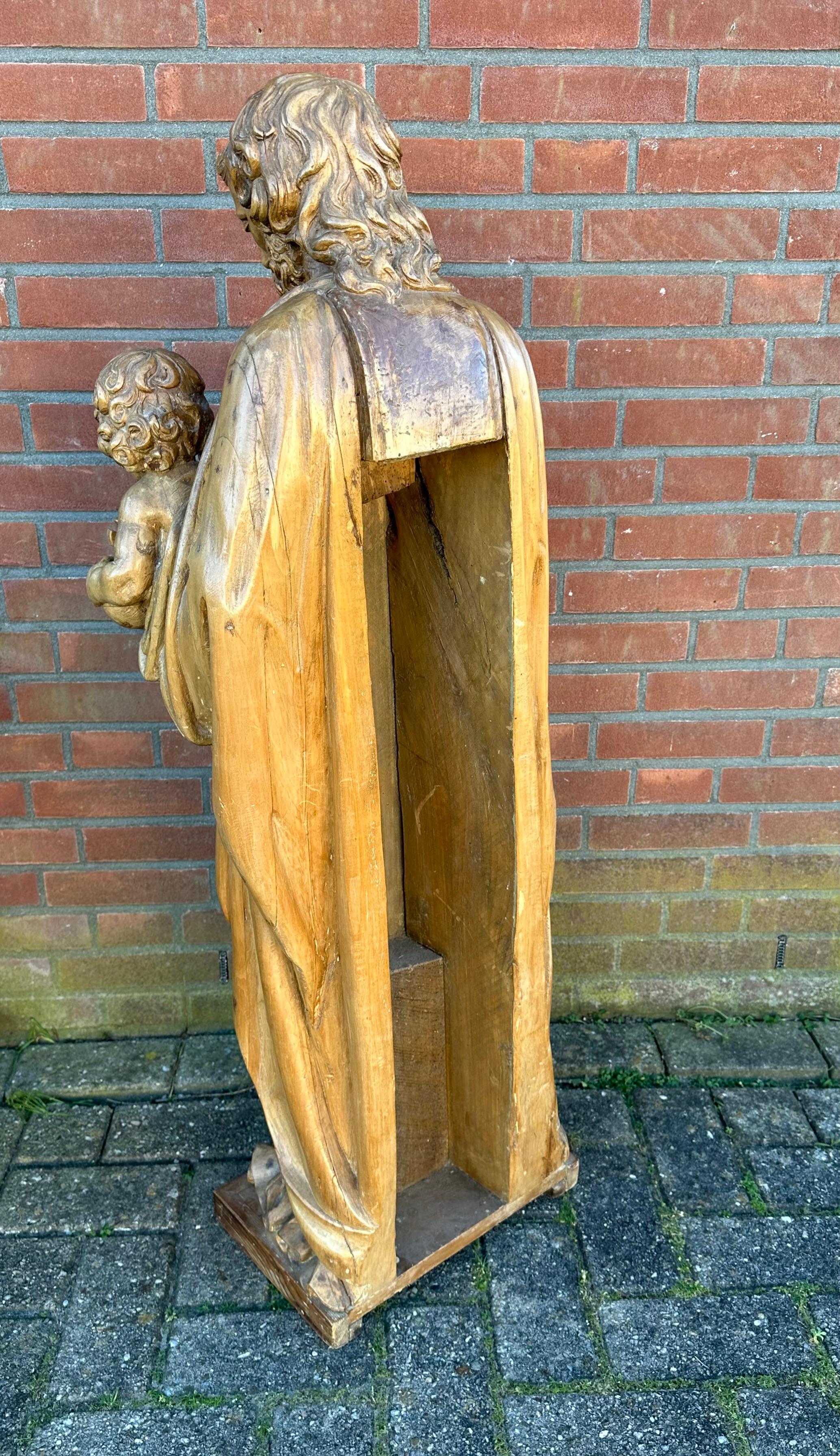 Antique Hand Carved Large Size Statue of Saint Joseph and Child Jesus Sculpture For Sale 8