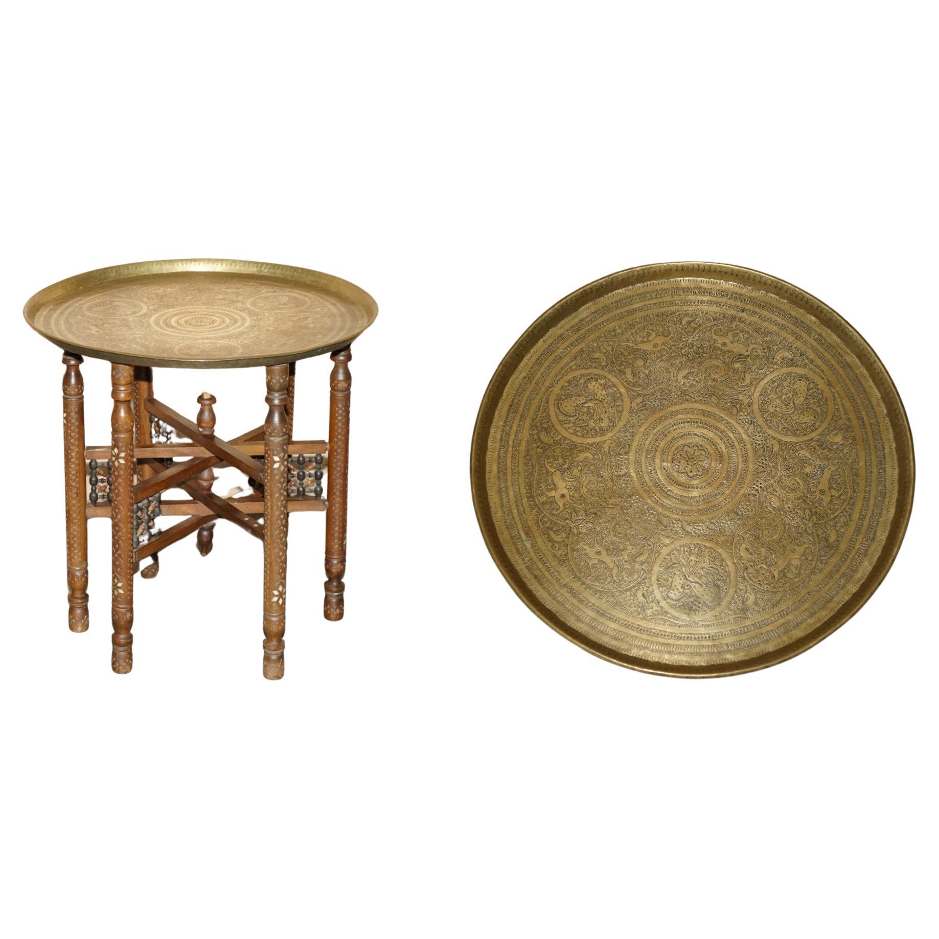 ANTIQUE HAND CARVED LIBERTY'S LONDON MOROCCAN FOLDING TRAY TABLE ZODIAC ETCHINGs For Sale