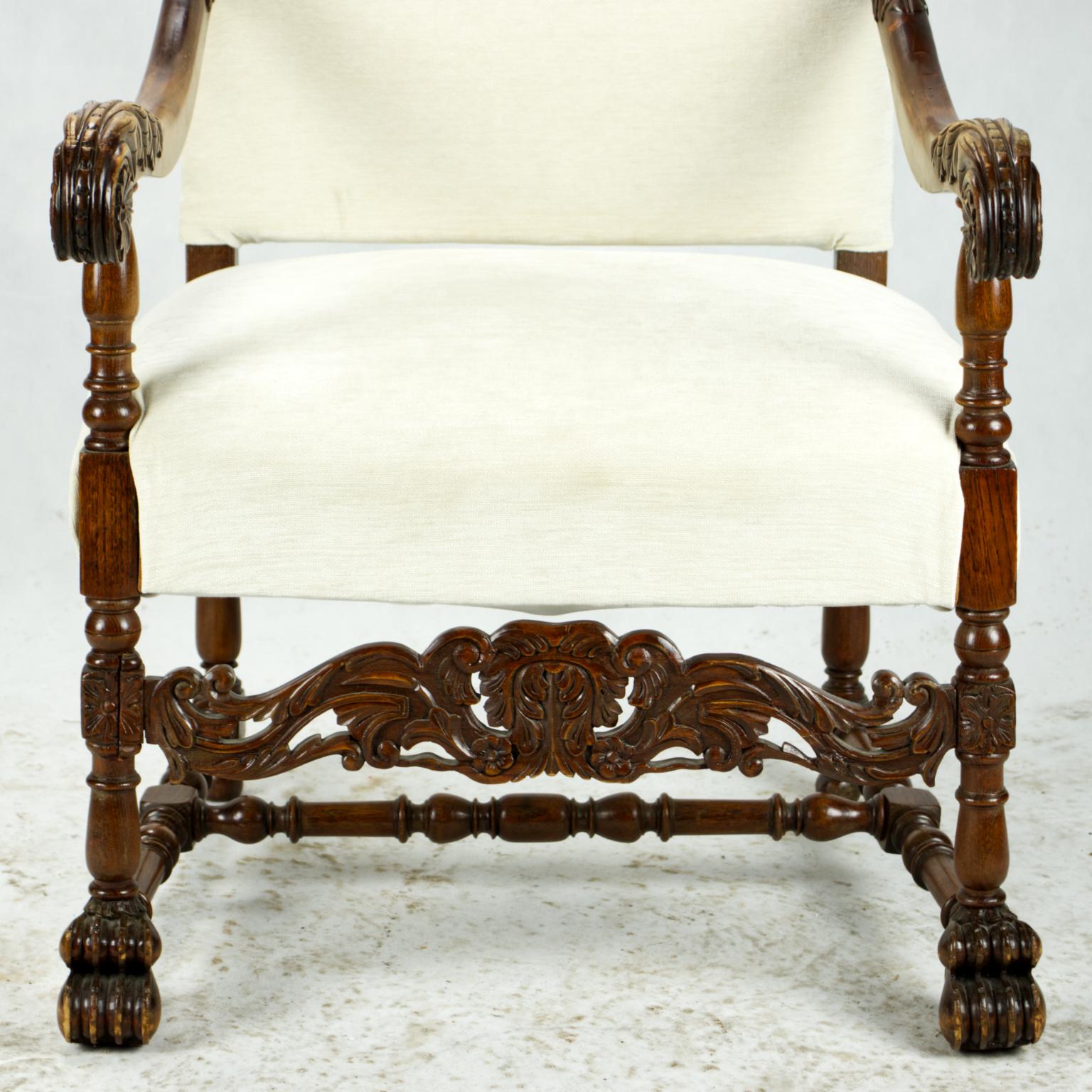 Oak Antique Hand Carved Louis XIII Highback Armchair, 19th Century For Sale