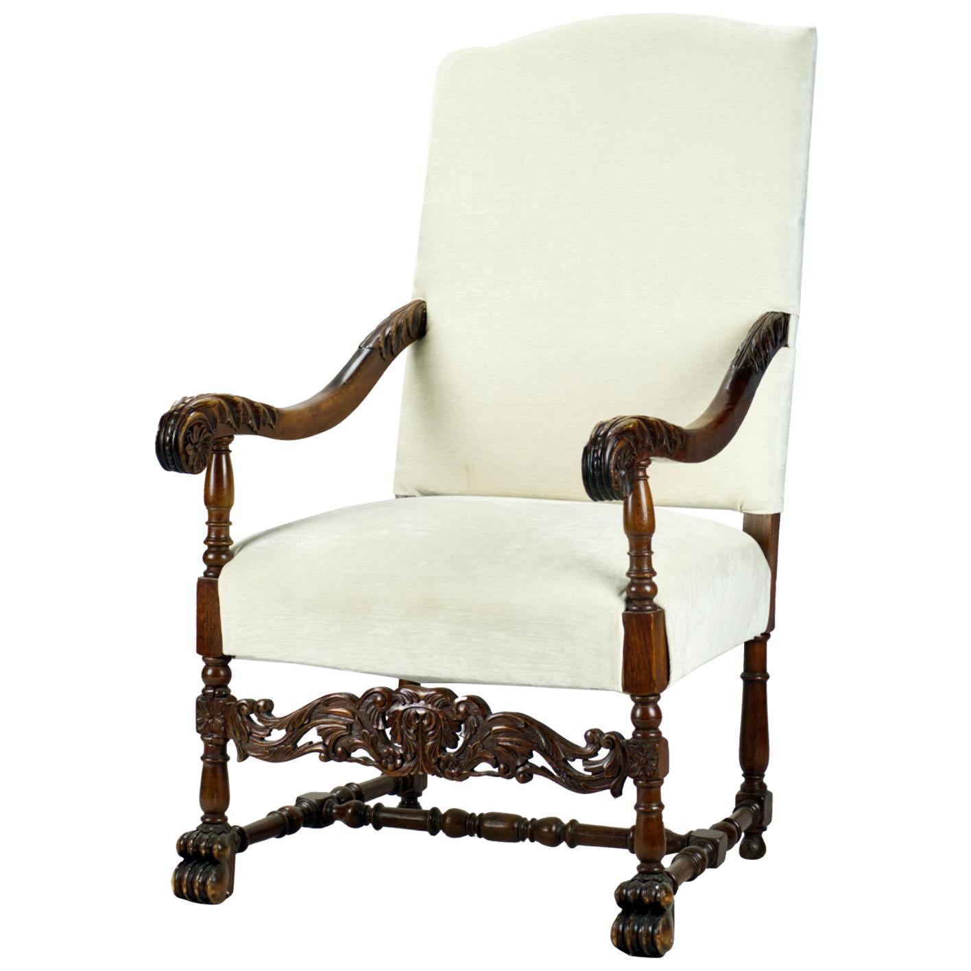 Antique Hand Carved Louis XIII Highback Armchair, 19th Century