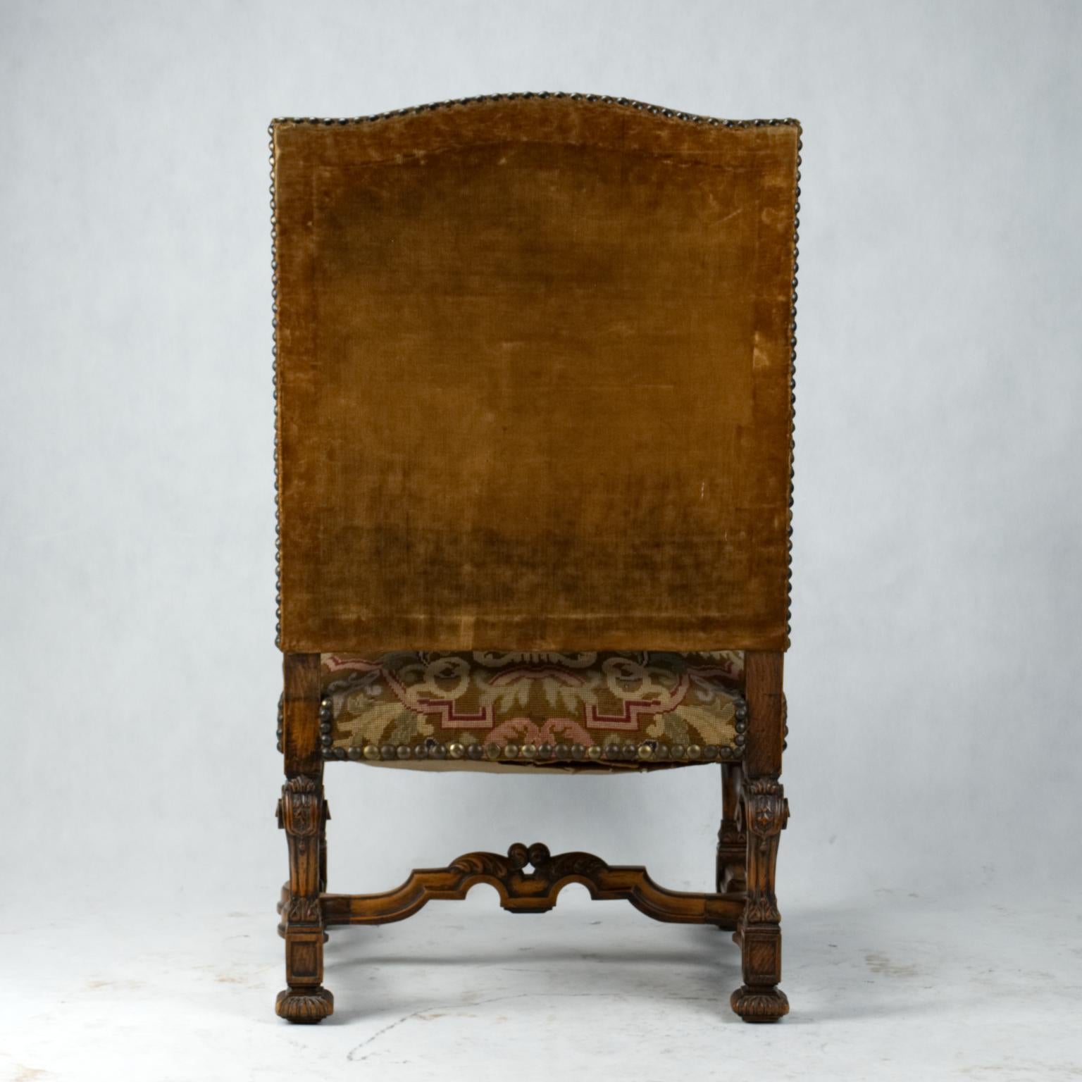 European Antique Hand Carved Louis XIV Needlepoint Tapestry Highback Armchair, circa 1850 For Sale