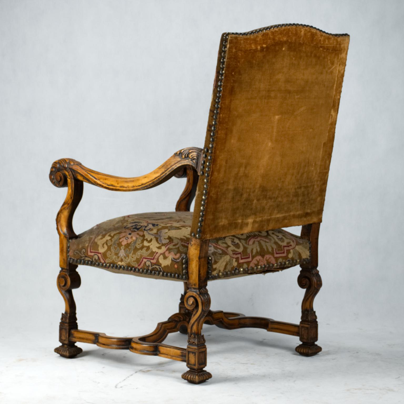 Hand-Carved Antique Hand Carved Louis XIV Needlepoint Tapestry Highback Armchair, circa 1850 For Sale