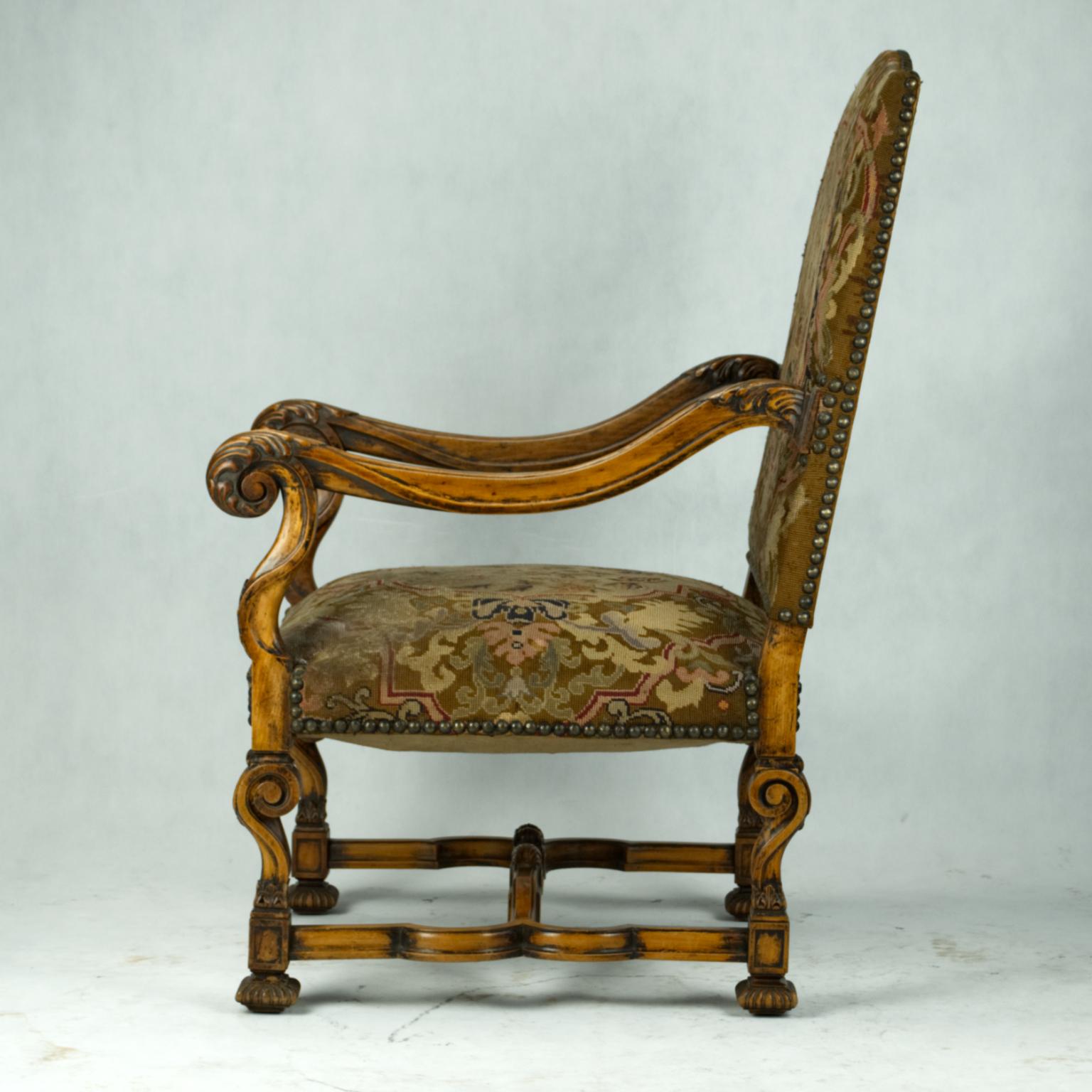 Antique Hand Carved Louis XIV Needlepoint Tapestry Highback Armchair, circa 1850 In Good Condition For Sale In Lucenec, SK