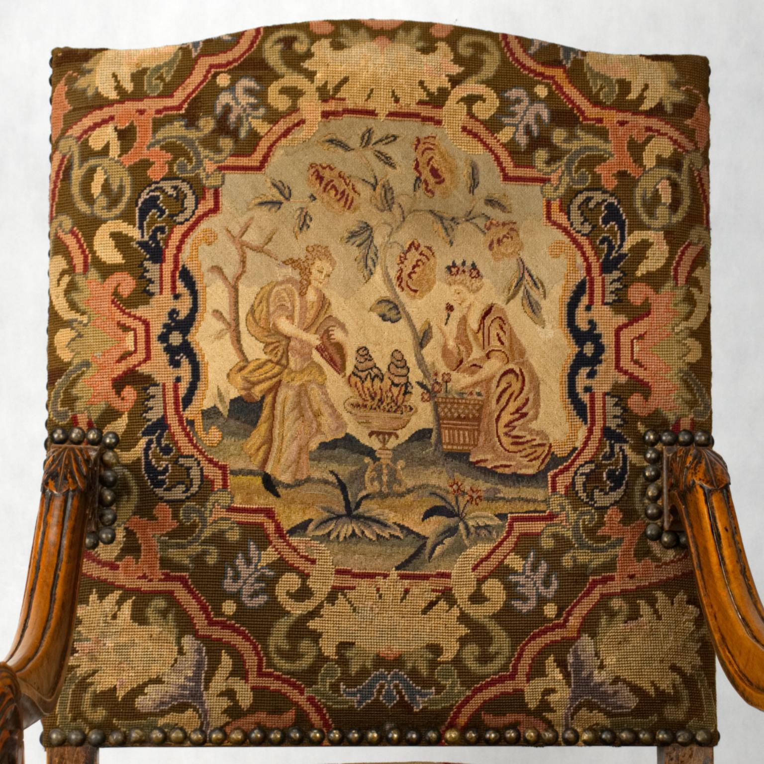 19th Century Antique Hand Carved Louis XIV Needlepoint Tapestry Highback Armchair, circa 1850 For Sale