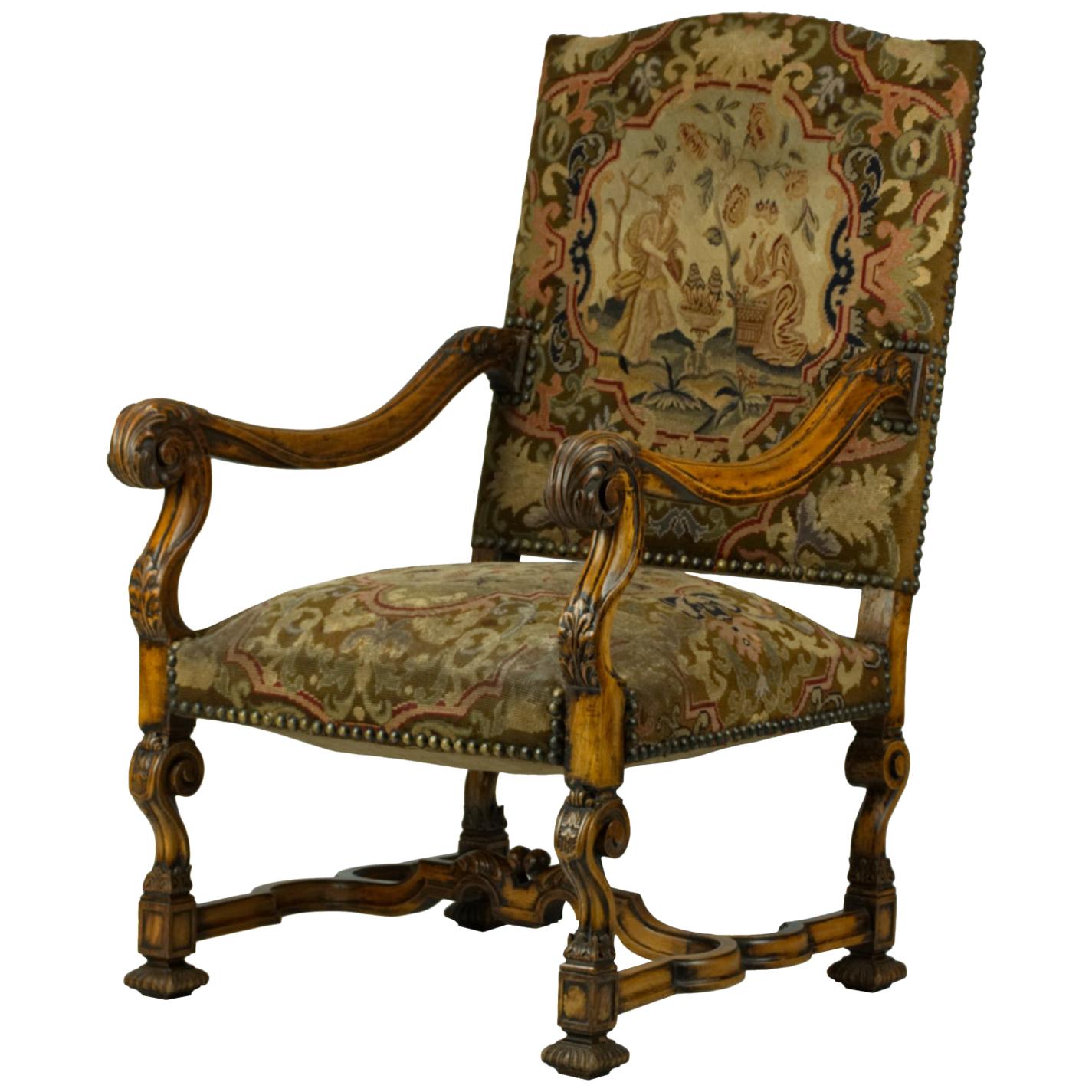 Antique Hand Carved Louis XIV Needlepoint Tapestry Highback Armchair, circa 1850