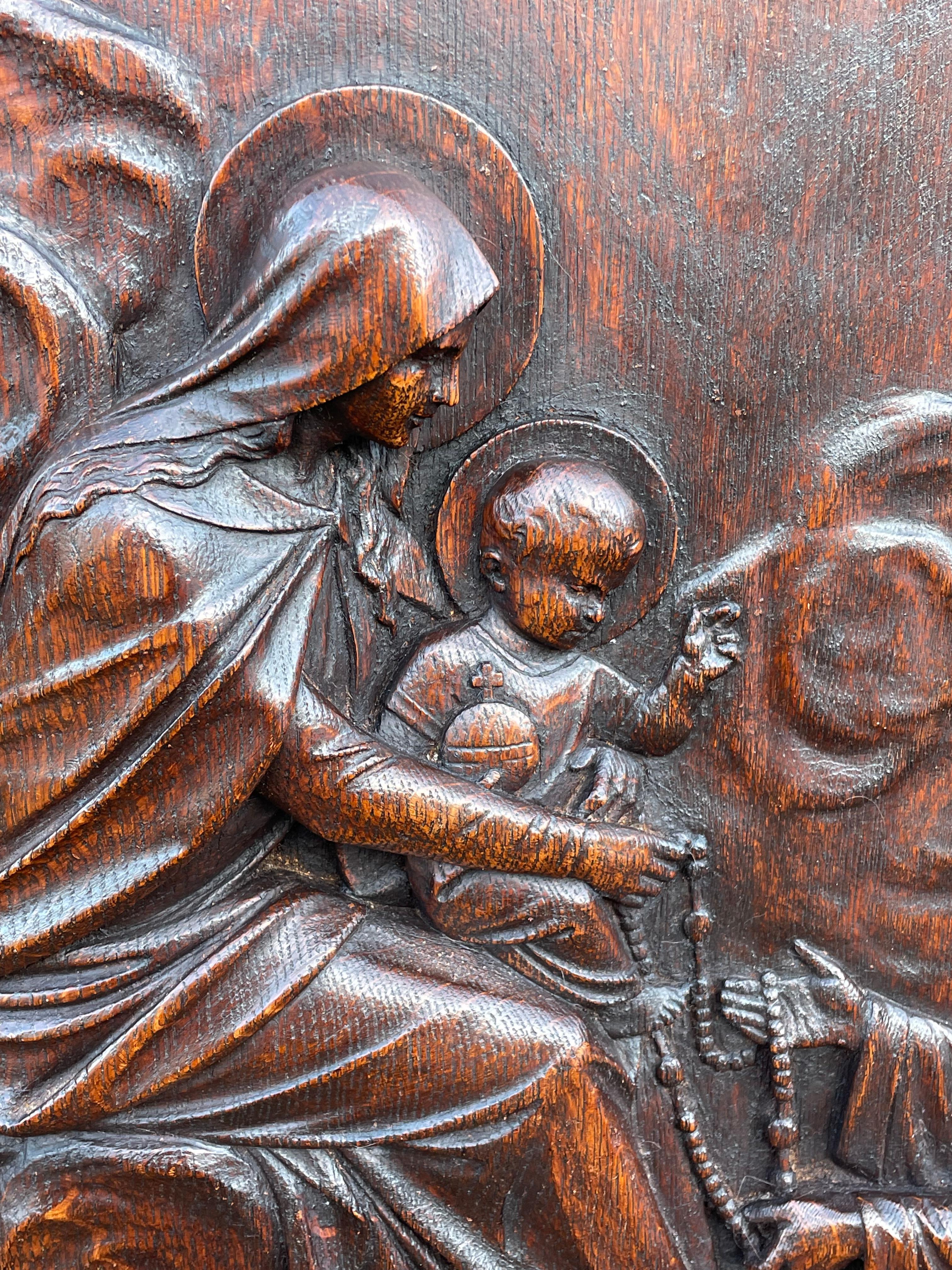 Antique Hand Carved Mary & Child Jesus Sitting on Clouds w. Saint Wall Sculpture In Good Condition For Sale In Lisse, NL
