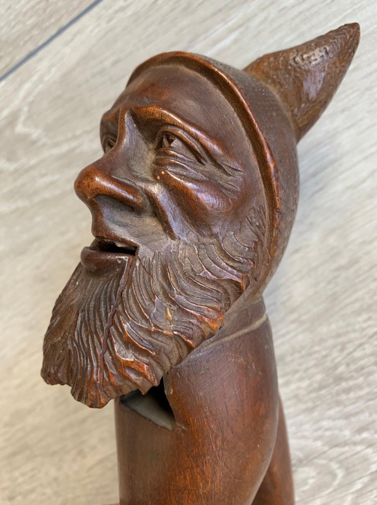 German Antique Hand Carved and Mint Condition Black Forest Gnome Sculpture Nutcracker For Sale