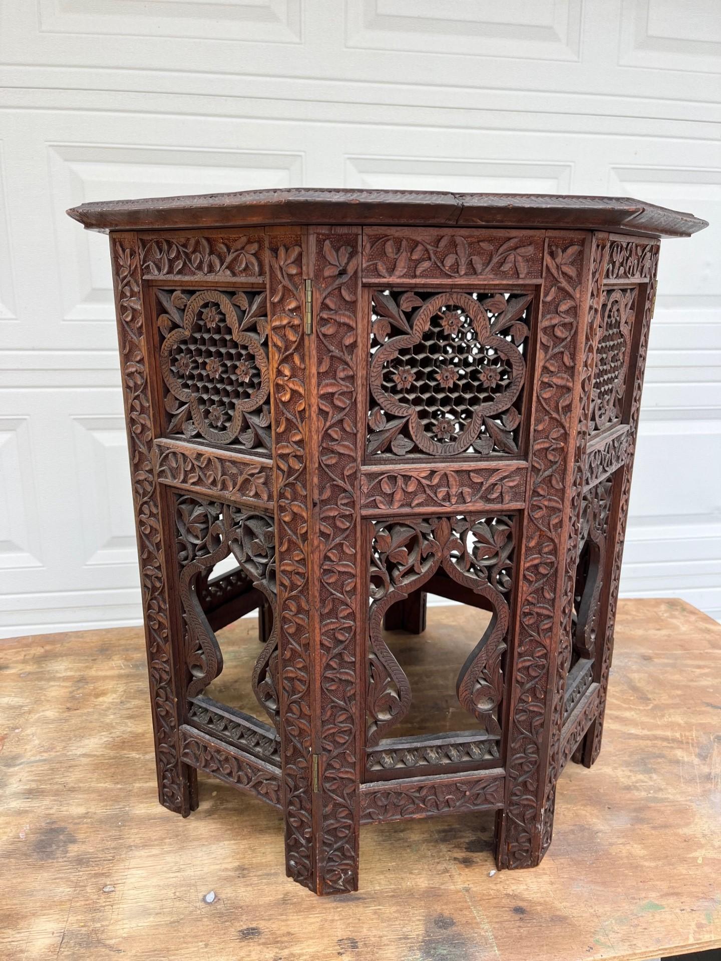 Moroccan Antique Hand Carved Moorish Style Octagon Side Table Tabouret. For Sale