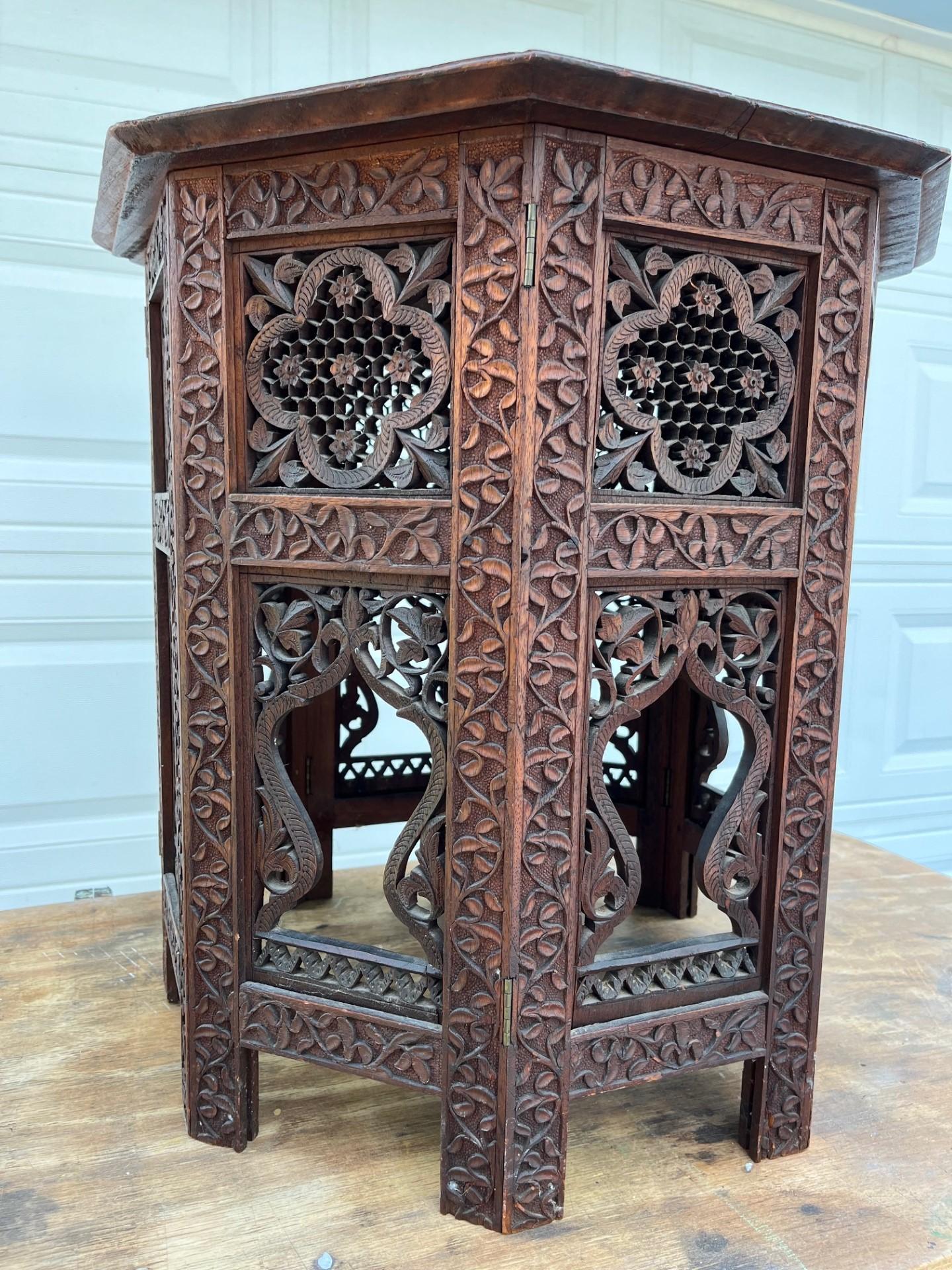 Hardwood Antique Hand Carved Moorish Style Octagon Side Table Tabouret. For Sale
