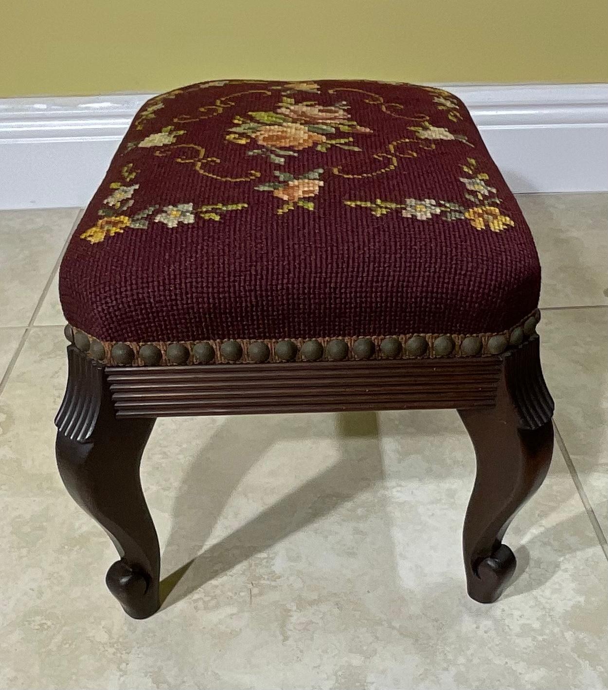 Antique Hand Carved Needlepoint Textile Upholstered Foot Stool For Sale 3