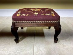 Antique Hand Carved Needlepoint Textile Upholstered Foot Stool
