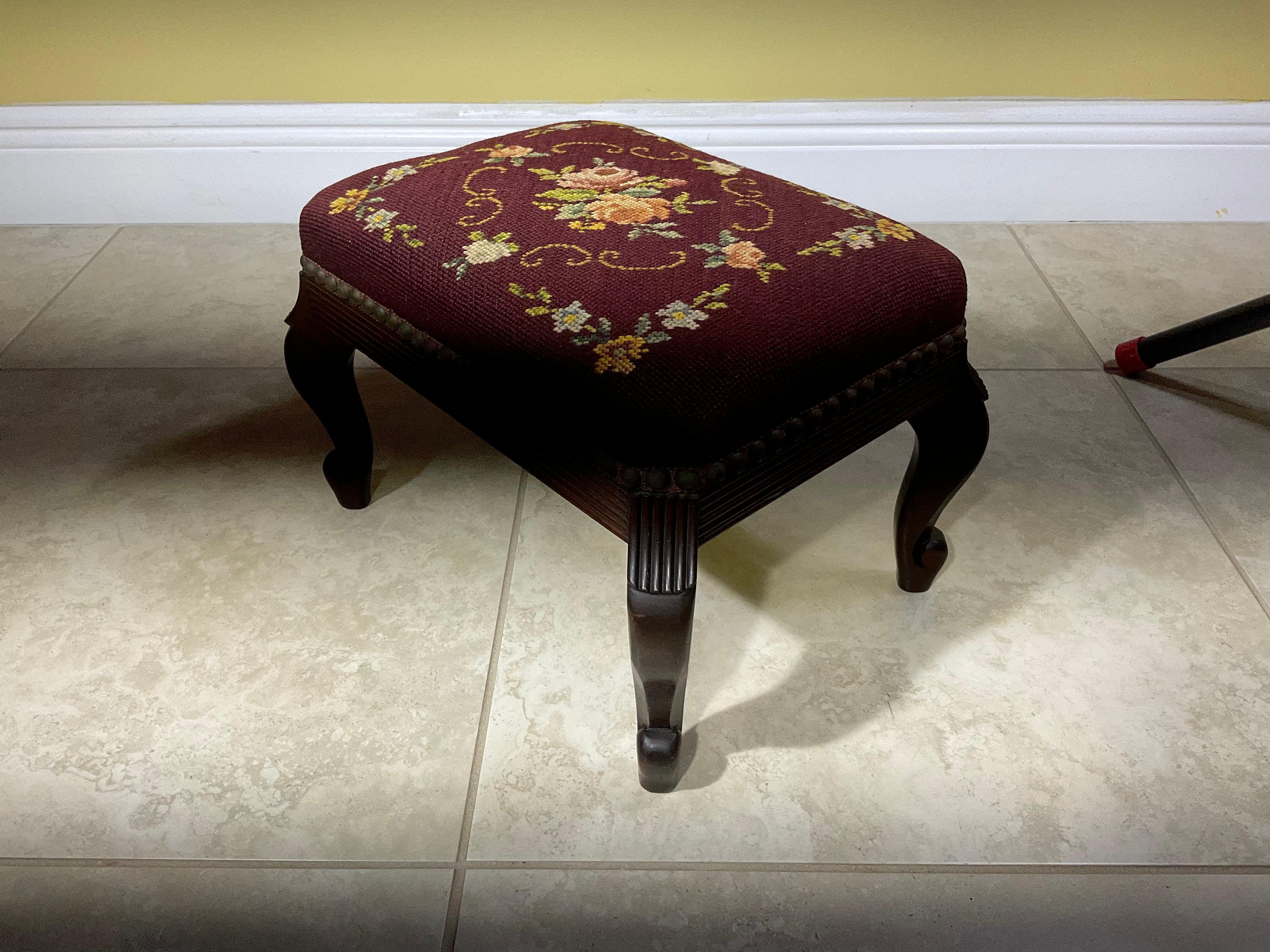 American Antique Hand Carved Needlepoint Textile Upholstered Foot Stool For Sale