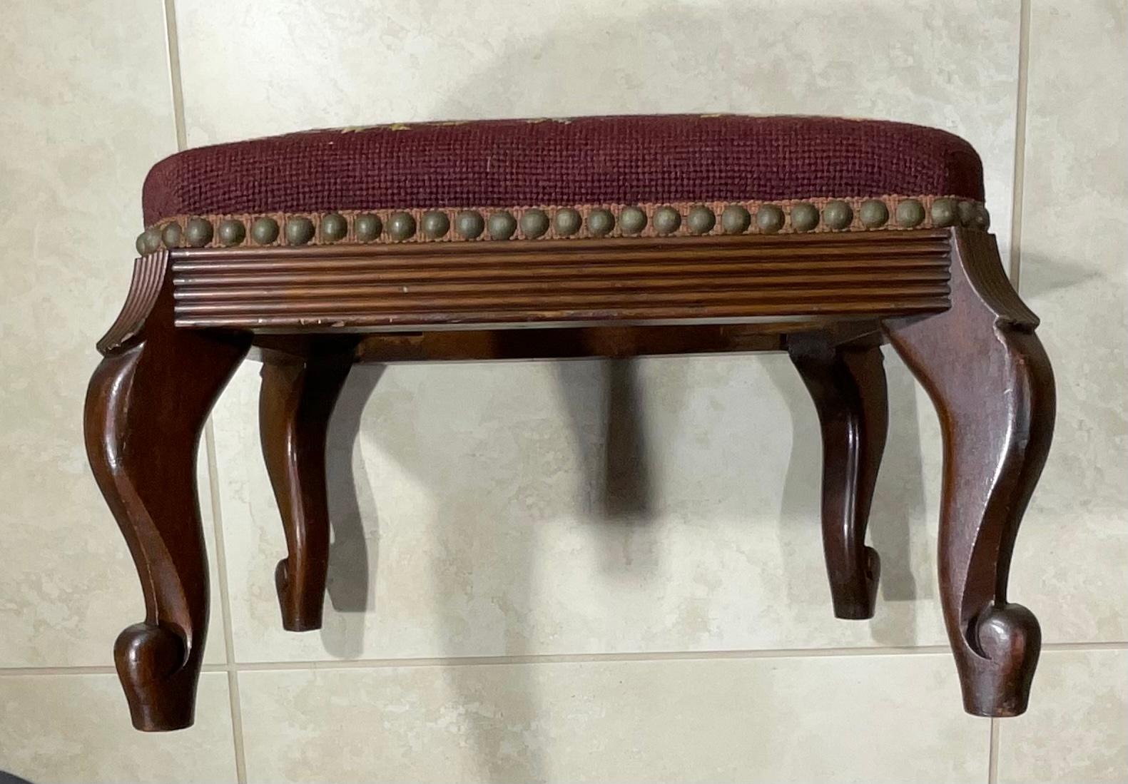 Early 20th Century Antique Hand Carved Needlepoint Textile Upholstered Foot Stool For Sale