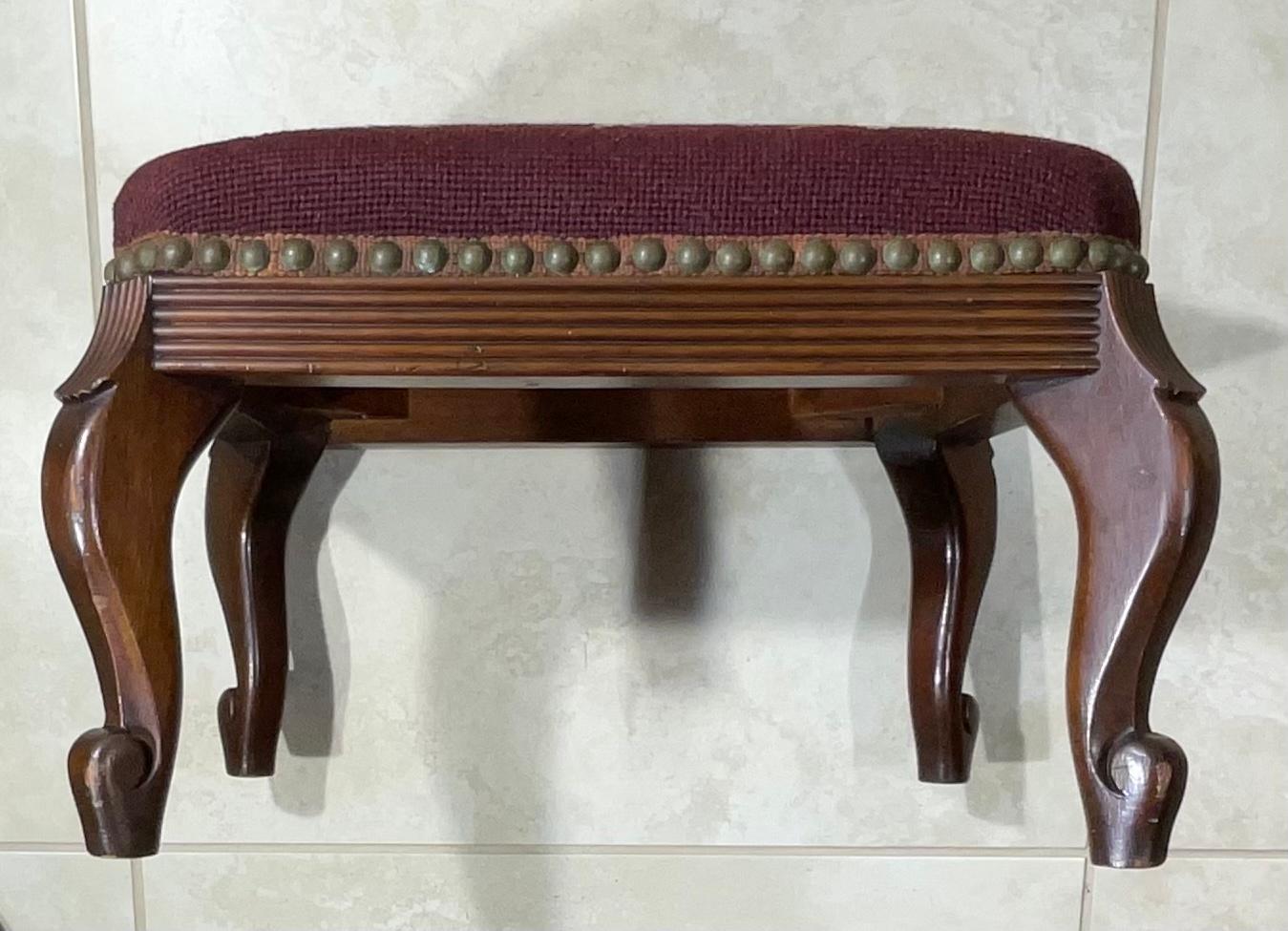 Wool Antique Hand Carved Needlepoint Textile Upholstered Foot Stool For Sale
