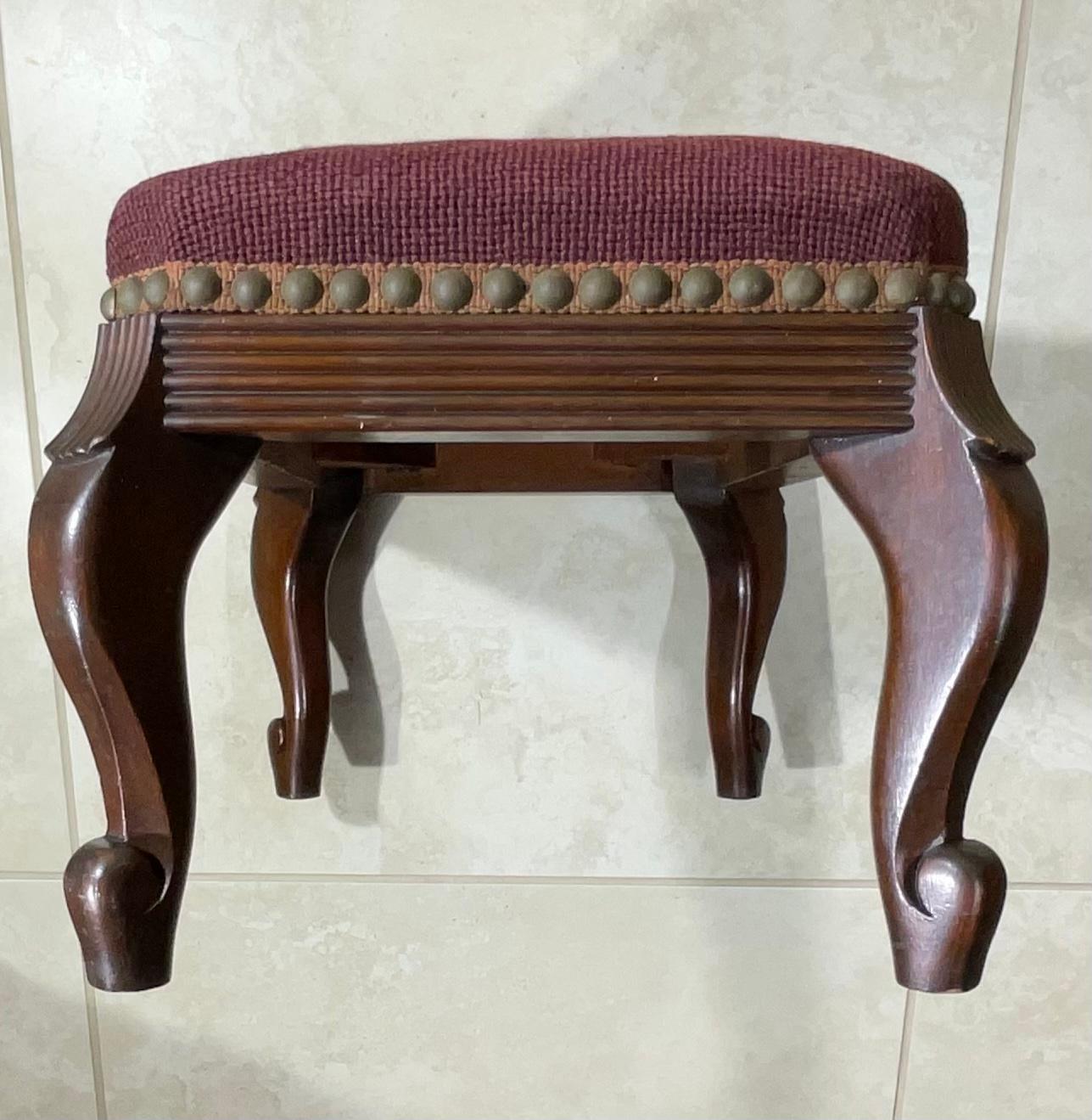 Antique Hand Carved Needlepoint Textile Upholstered Foot Stool For Sale 1