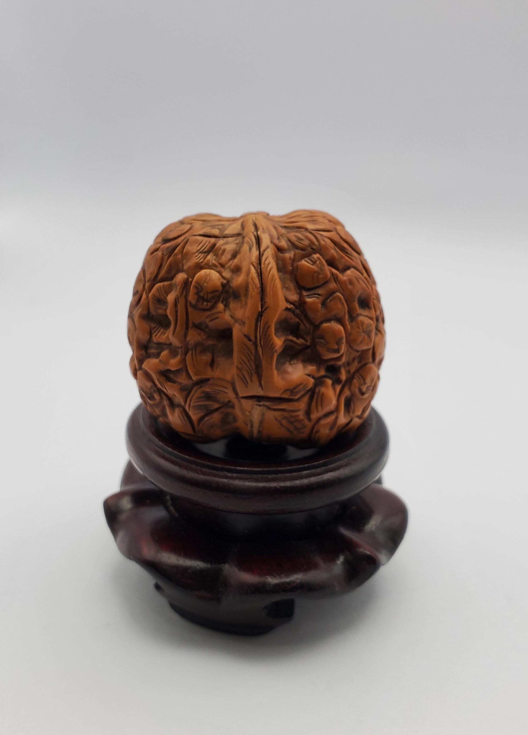 Antique Hand Carved Netsuke 1000 Faces Walnut & Carved Wooden Pedestal For Sale 9