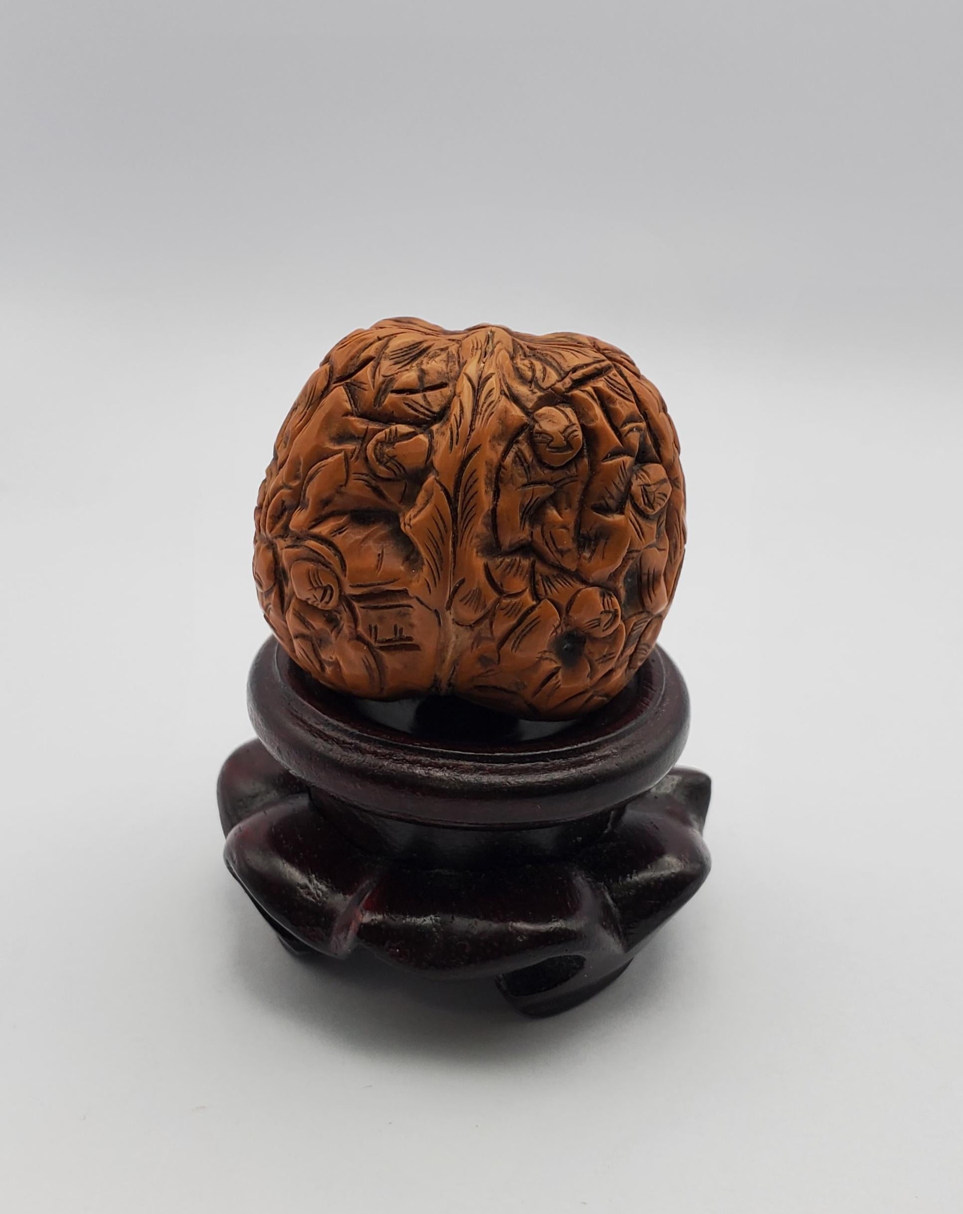Antique Hand Carved Netsuke 1000 Faces Walnut & Carved Wooden Pedestal For Sale 10
