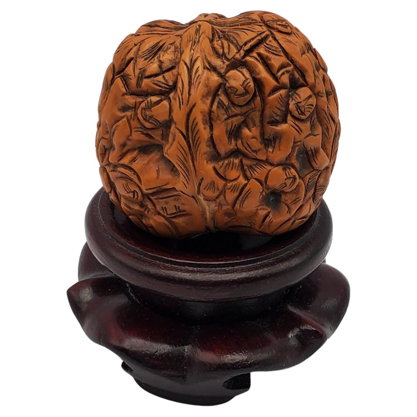 Antique Hand Carved Netsuke 1000 Faces Walnut & Carved Wooden Pedestal For Sale