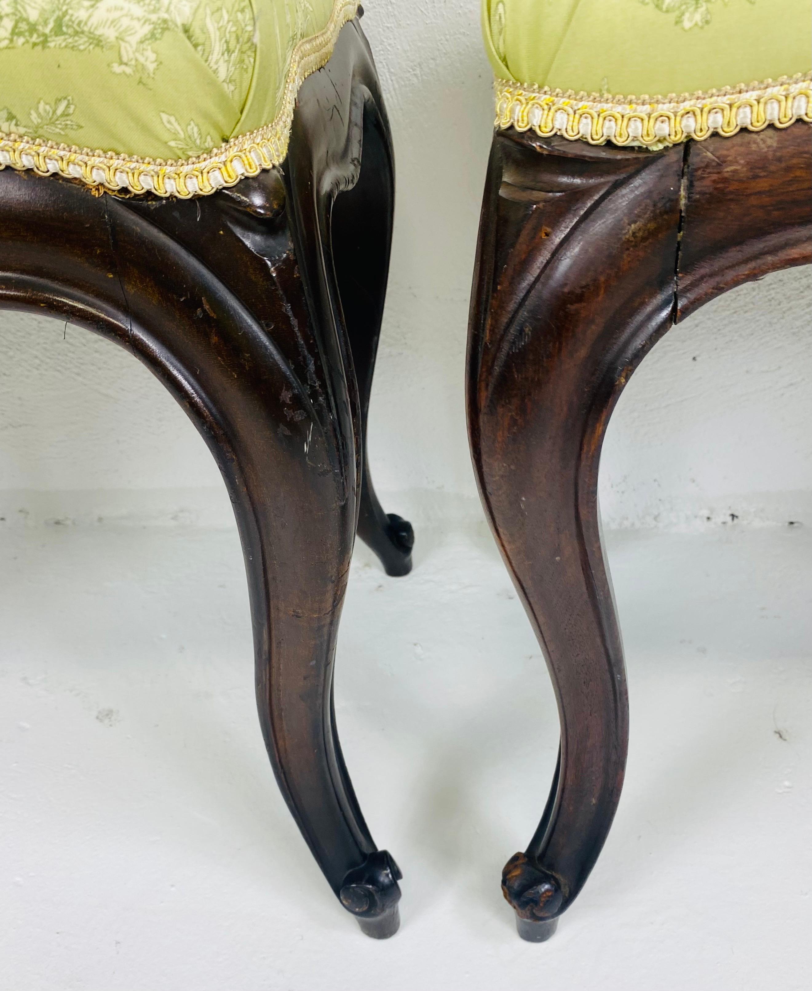 American Antique hand carved newly upholstered French country benches/a pair For Sale