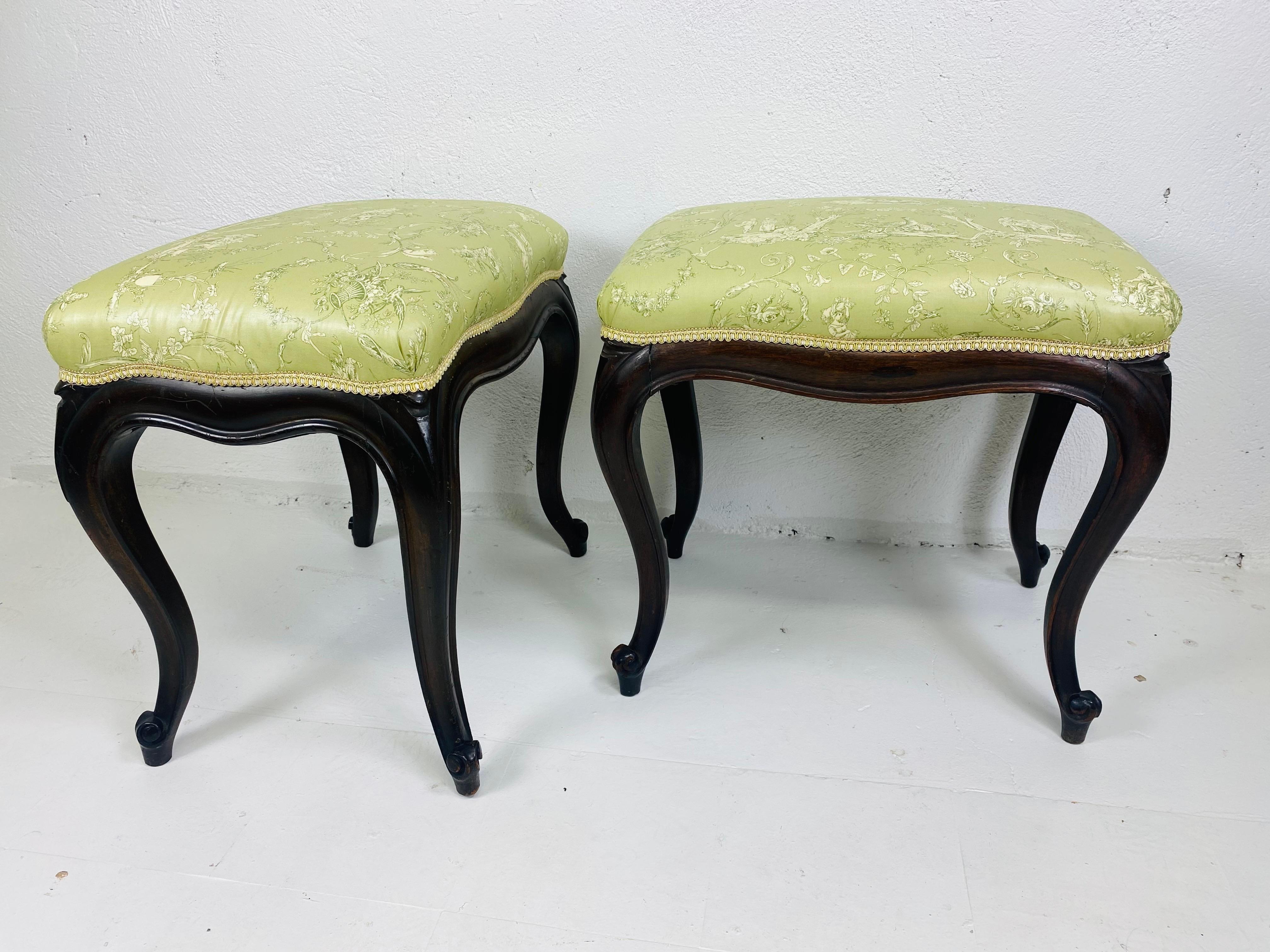 Hand-Crafted Antique hand carved newly upholstered French country benches/a pair For Sale