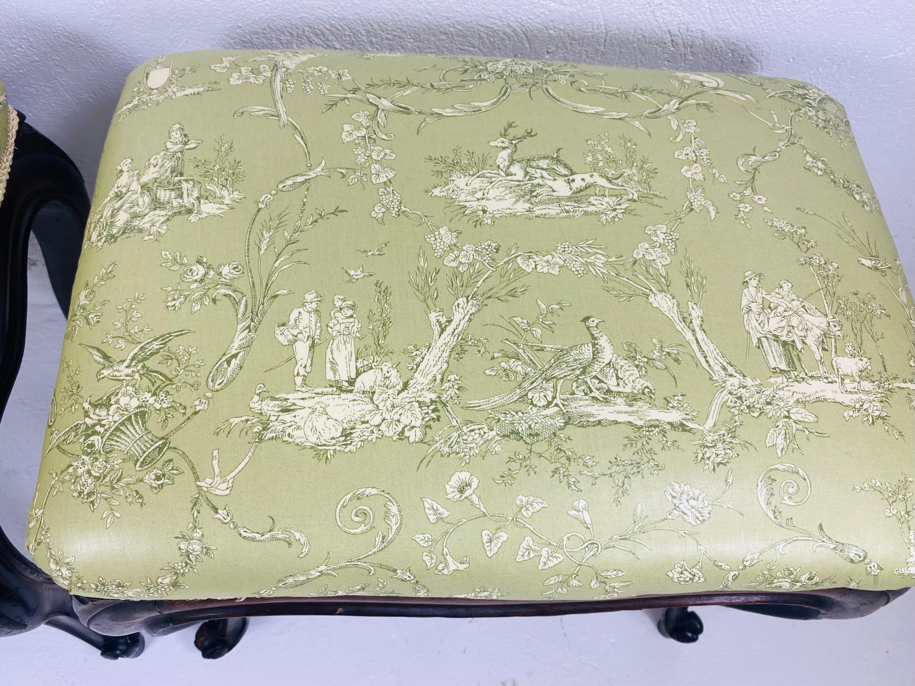 Antique hand carved newly upholstered French country benches/a pair In Good Condition For Sale In Allentown, PA