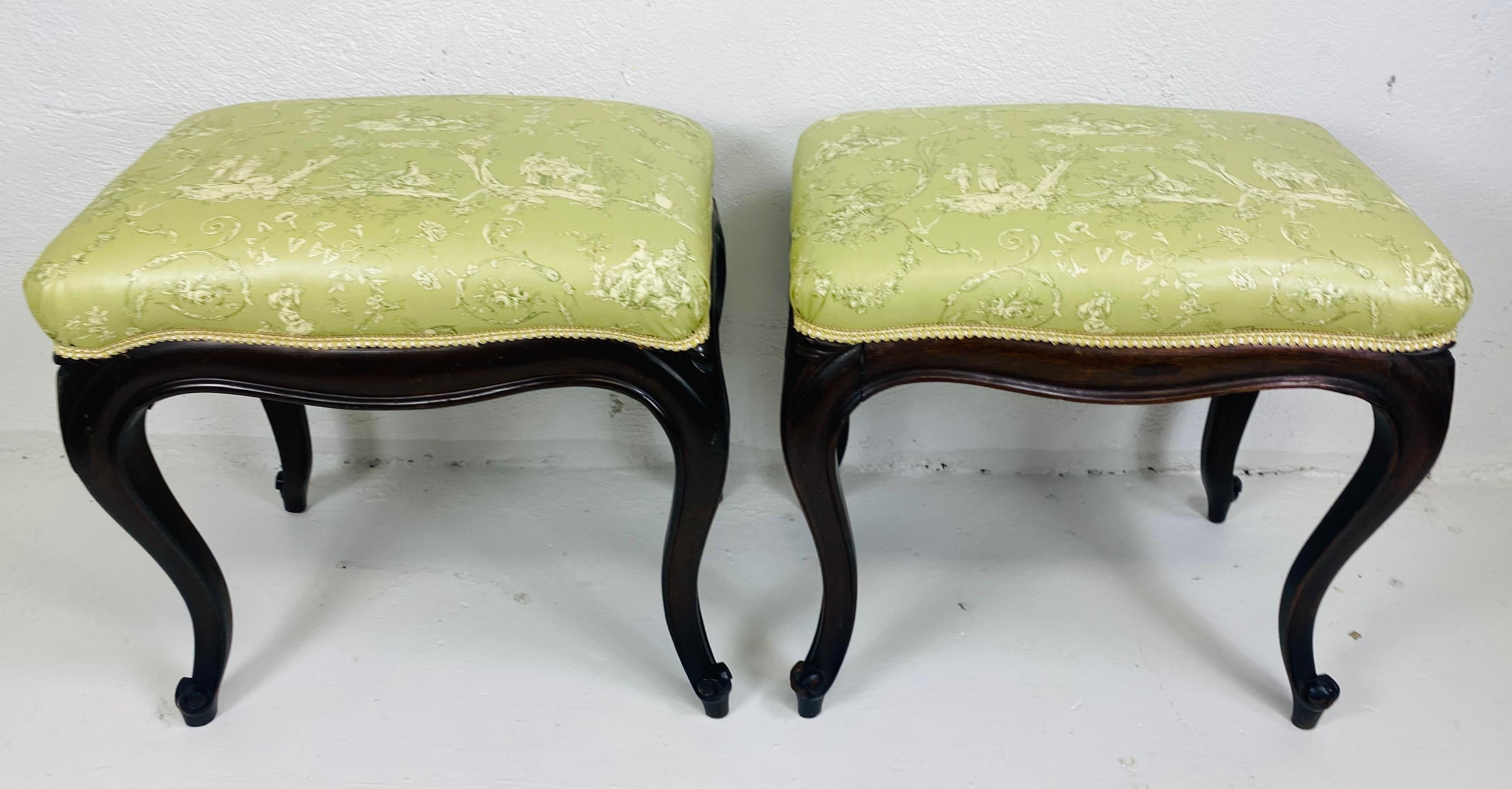 Early 20th Century Antique hand carved newly upholstered French country benches/a pair For Sale
