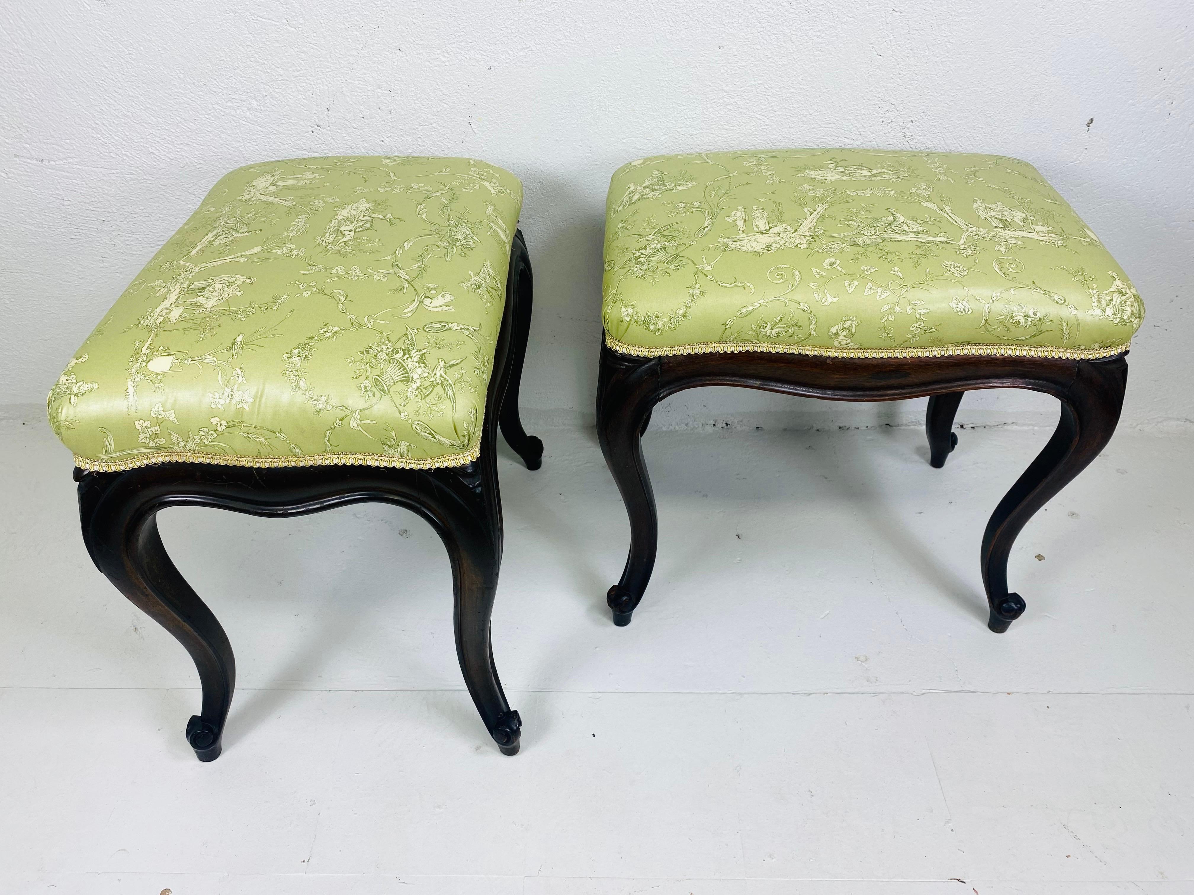Wood Antique hand carved newly upholstered French country benches/a pair For Sale